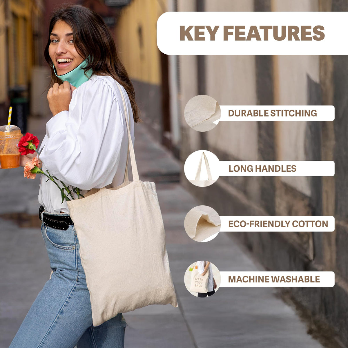 Metsi Reusable Canvas Cotton Tote Bag, 15x16, 11 Drop Handle, 100% Natural Cotton Tote Bag, Eco-Friendly, Durable, Washable Cloth Tote for Shopping, Book, Travel & Everyday Use, Pack of 10