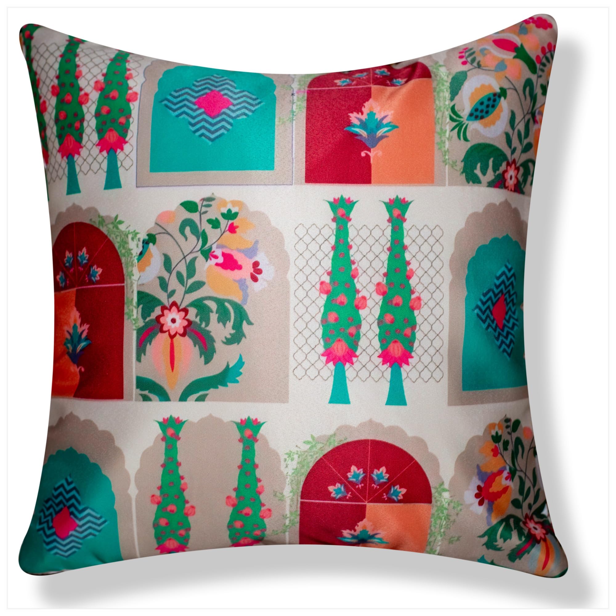Vendola Decorative Satin Sofa Cushion Covers Set of 5, 20 Inch x 20 inch, Sofa Pillow Cover, Ethnic Festive, Multicolor, Elephant Peacock Design, Zipper Closure (Majestic, 20X20 Inches)