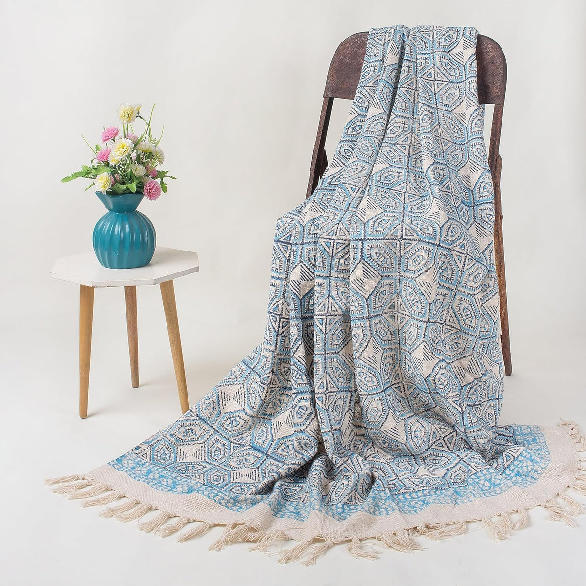 DMAASA Blue Geometric Cotton Sofa Throw Blanket | Hand Block Printed Bohemian Sofa and Bed Cover with Tassels, Soft Lightweight Decorative Quilt for Living Room, Bedroom, Home Accents (50x70inch) Kafalo