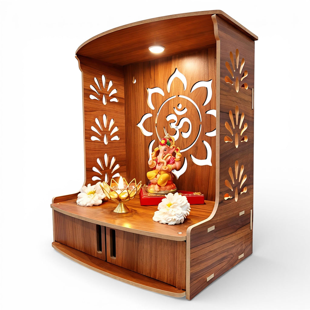 Devson™ Beautiful Wooden Temple | MDF Pooja MANDIR for Home and Office use with LED SPOT Light | Engineered Wood Pooja Stand with Storage Shelves | Size - H 15.5 x L 12.5 x W 9 inch | 12DRK