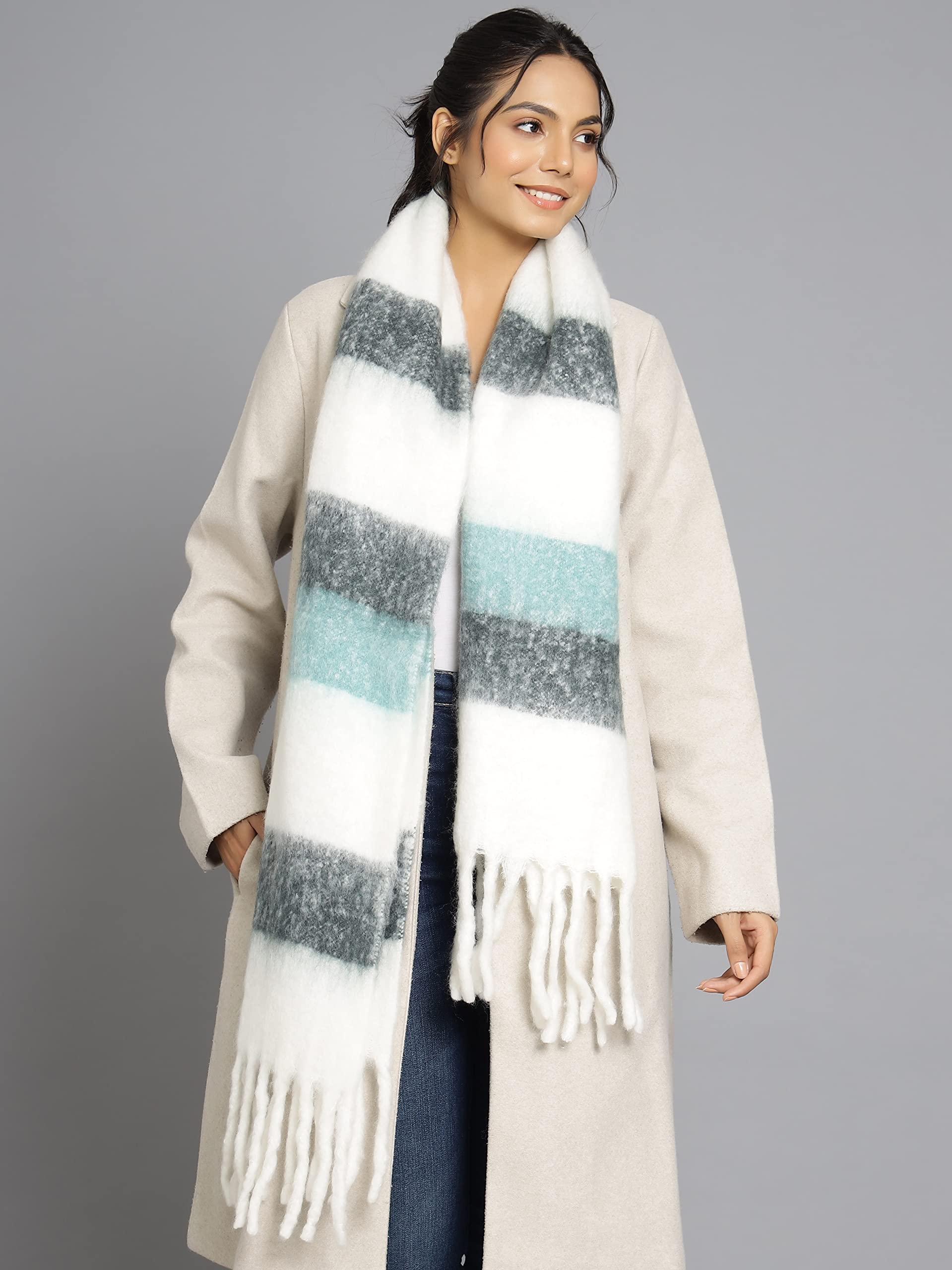 Ravaiyaa - Attitude is everything Women's Cashmere Wool Acrylic Scarf Winter Long Scarves, Neck Wrap 72 X 14 Inch (White & Grey)