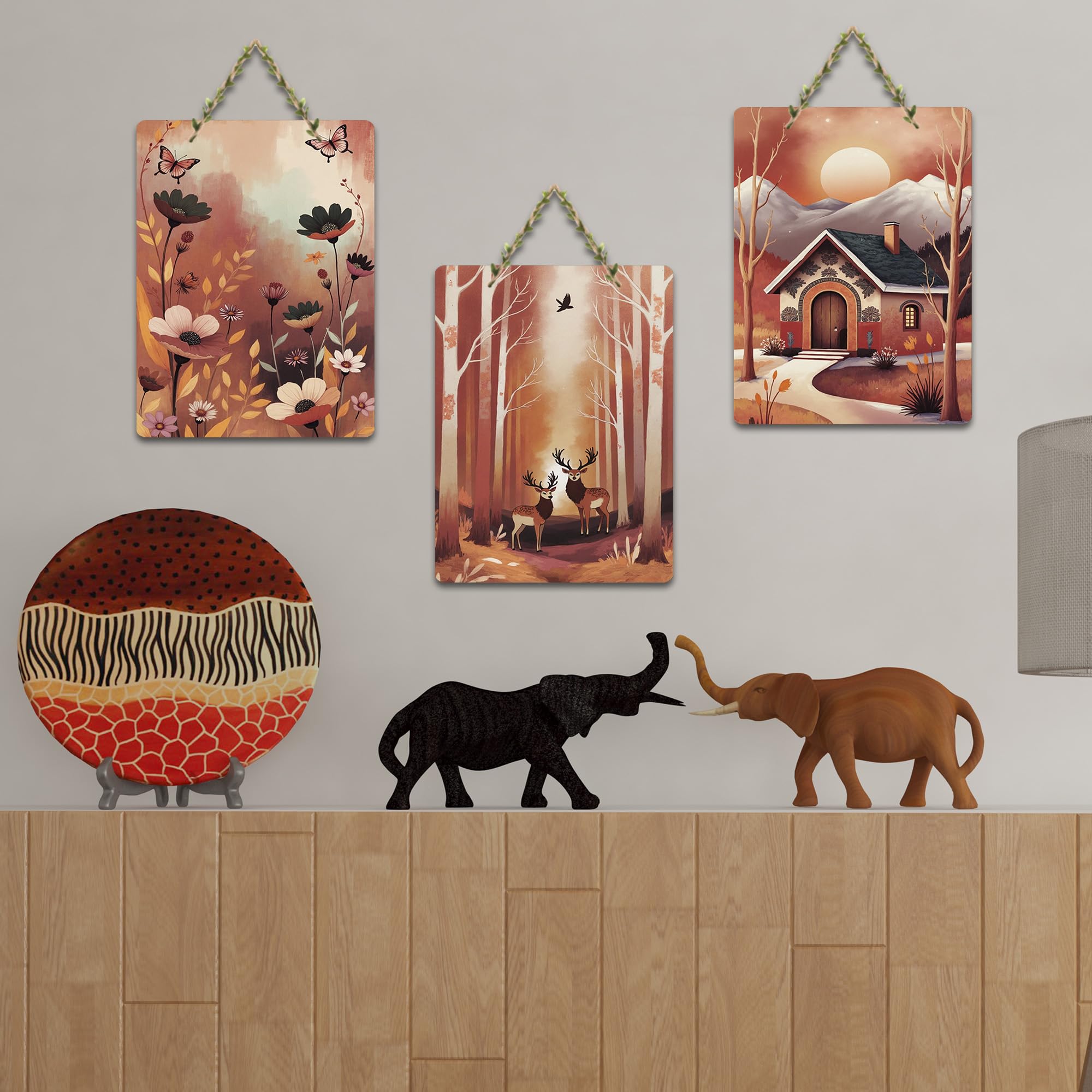 Artvibes Autumn Forest Floral Sunset & Cottage Decorative Wall Art MDF Wooden Wall Hanger for Living Room | Wall Accent | Sceneries | Wall Art Print | Graphic Artwork | Gift Items (WH_9665N), Set of 3