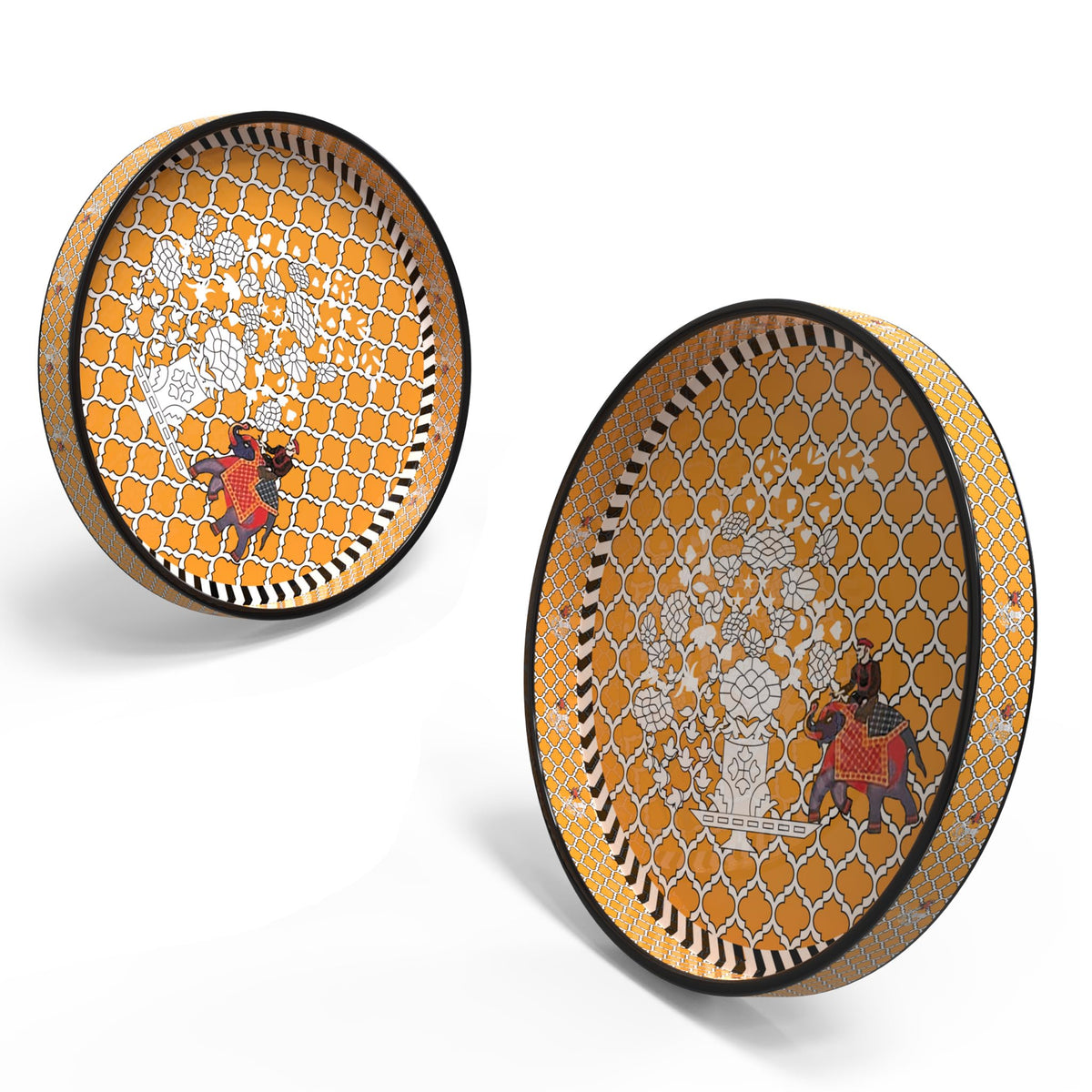 VDIX Handcrafted Wooden Serving Tray Set of 2 | Fancy Round Decorative Trays with Floral & Bird Design | Premium Serving Trays for Coffee, Snacks & Home Décor | Kitchen & Dining Gift