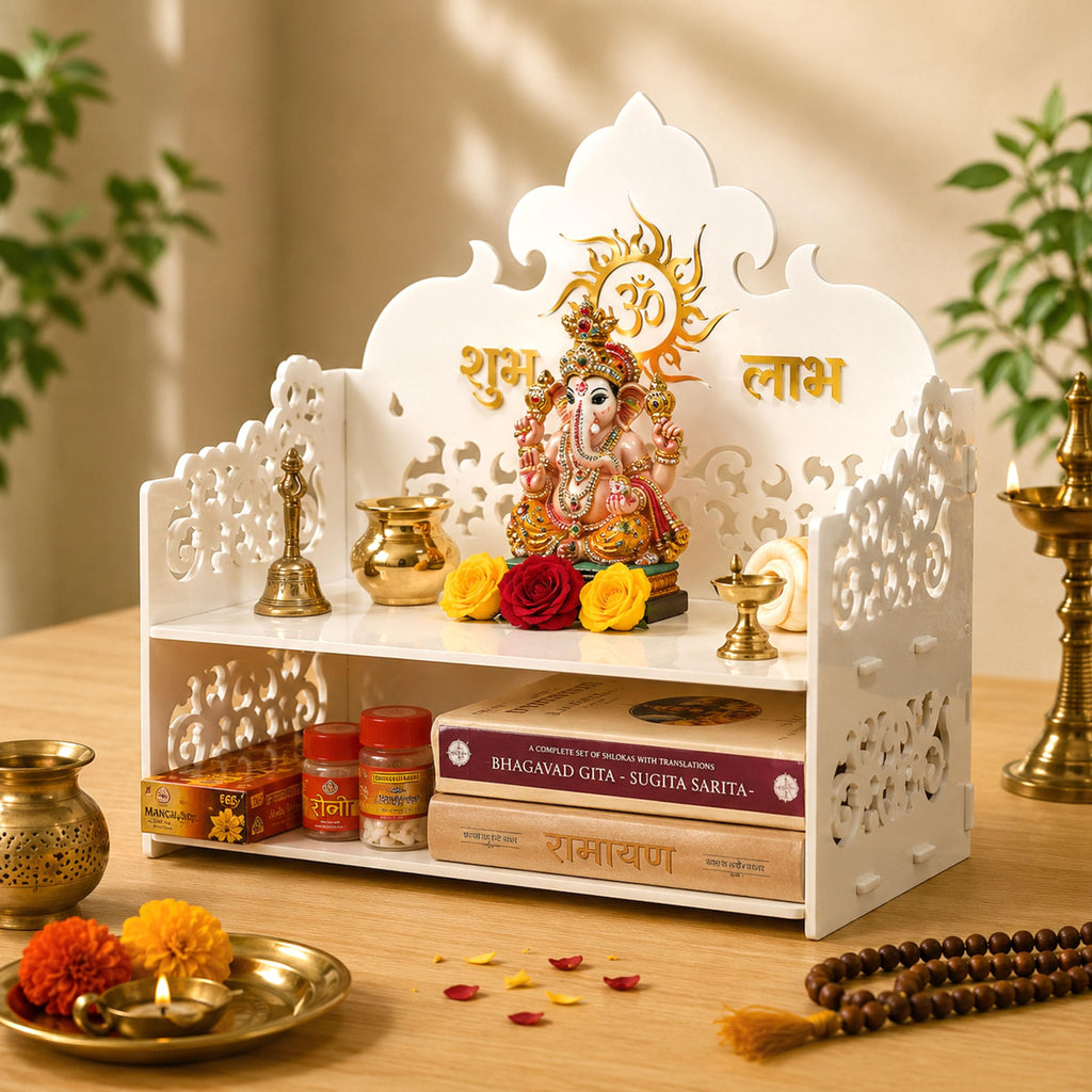 Gift Kya De Acrylic Wall Temple for Home, Pooja Mandir with 2-Tier Storage, Puja Mandir, Home Temple, Mandir Decoration Items for Office, 15 x 15 x 8 Inch