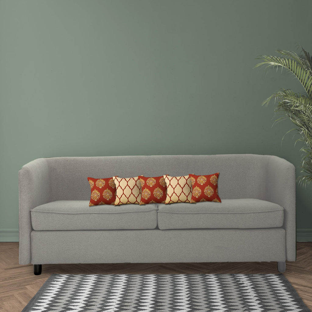 Trance Home Linen Set of 5 Premium 100% Cotton 12x12 inch Cushion Covers Only for Sofa and Diwan | Small Cushion Covers Only (12x12 inch | 30cmx30cm, Damask & Dori Clay Red) Set of 5-180 TC