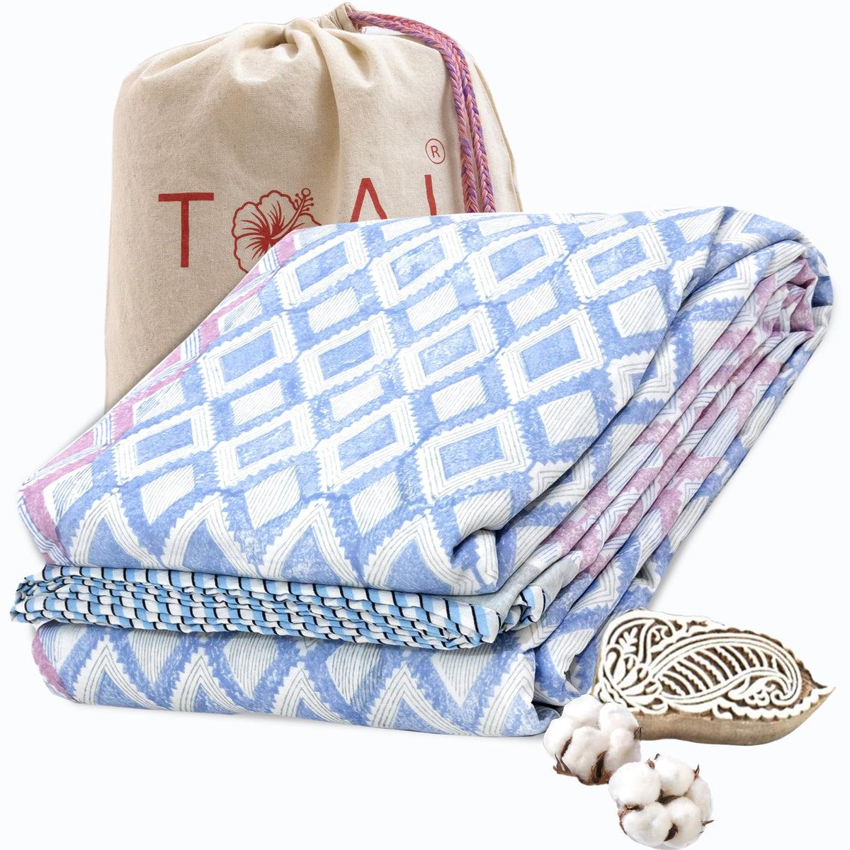 TOAIArt Premium Jaipuri Dohar | AC Blanket Summer Quilt | Hand Block Printed | 3 Layers | Reversible| 150GSM 100% Mulmul Cotton| 100% Cotton Flannel Filling| Single 60 X 90|Vintage Geometric Pattern Kafalo