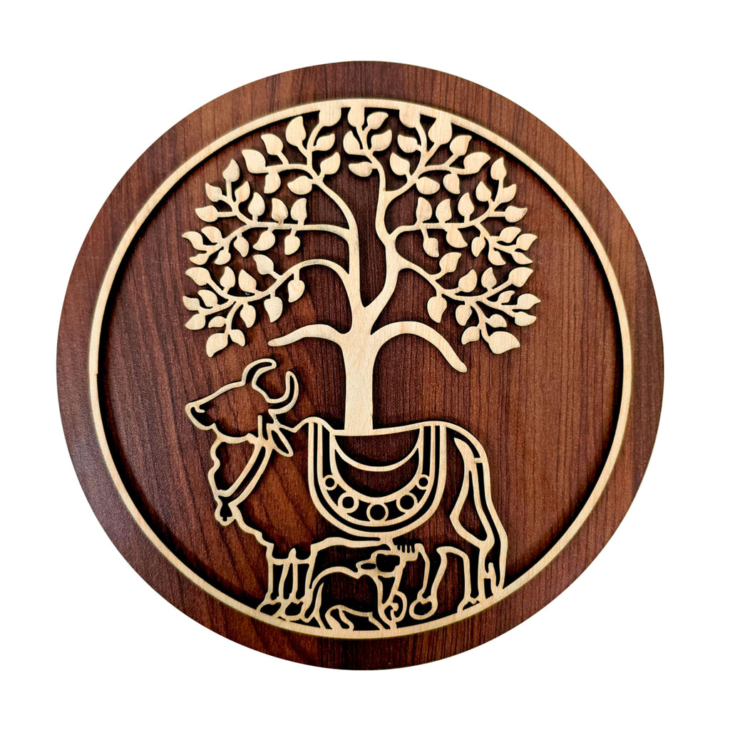 SOLOBOLO Kamdhenu Cow with Calf (Vasu) MDF Spiritual Wall Hanging | Mandir & Home Temple Decor for Pooja Room, Office & Door Entrance (6 Inches)