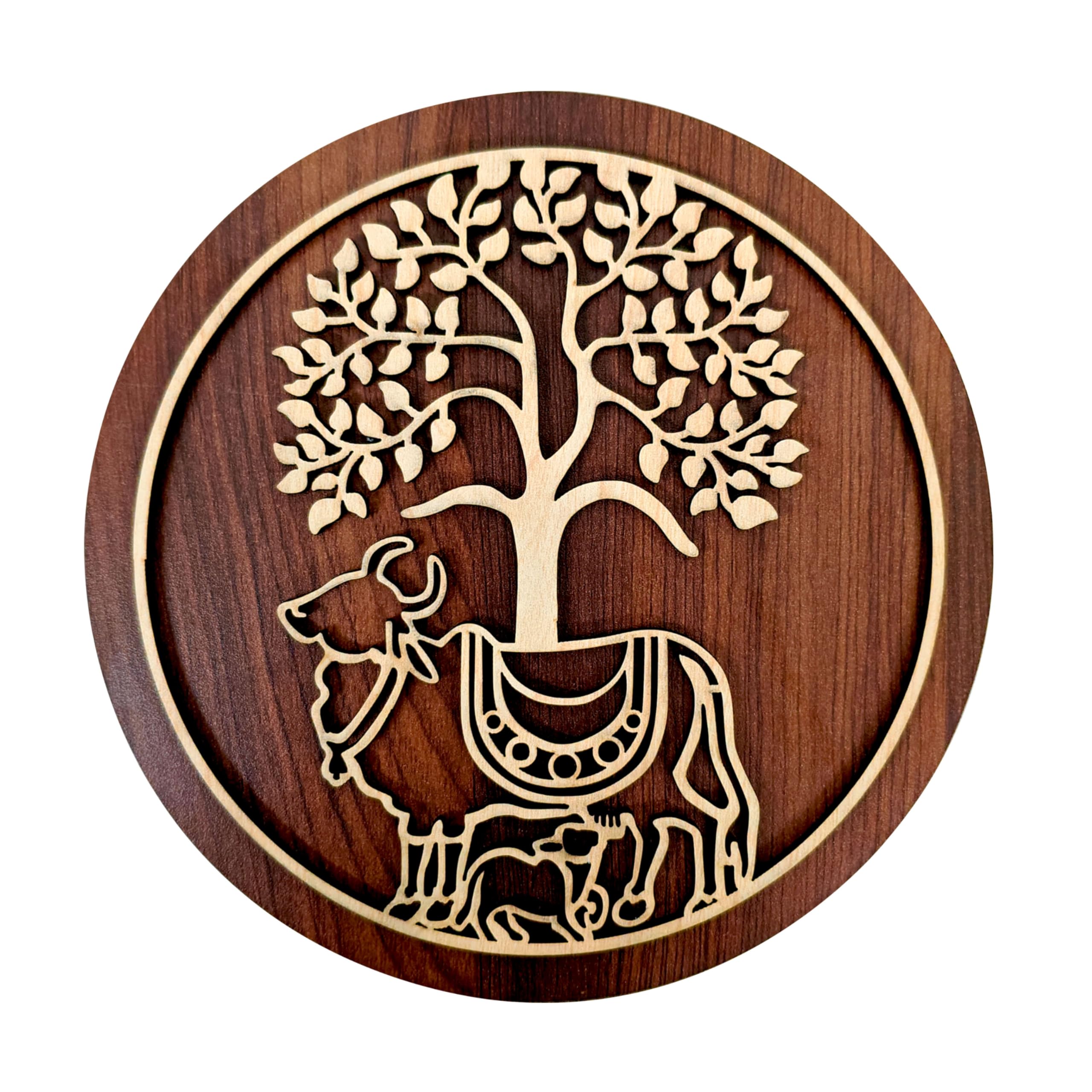 SOLOBOLO Kamdhenu Cow with Calf (Vasu) MDF Spiritual Wall Hanging | Mandir & Home Temple Decor for Pooja Room, Office & Door Entrance (6 Inches)