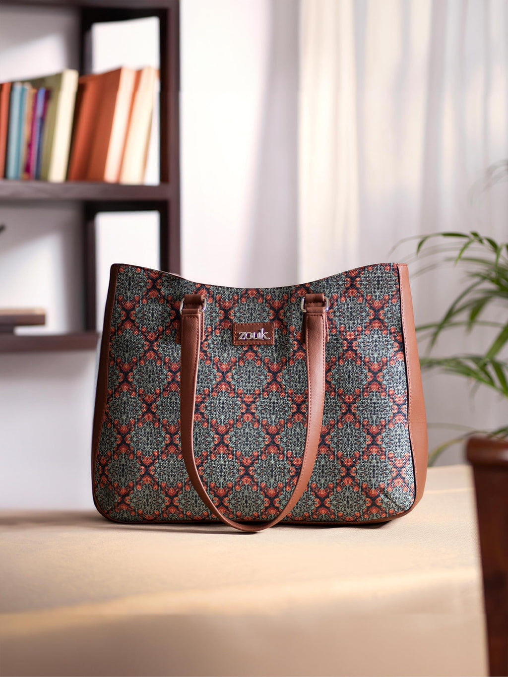 ZOUK Kolkata Nouveau Getaway Handbag | Jute | Vegan Leather Handcrafted Tote Bag | Green