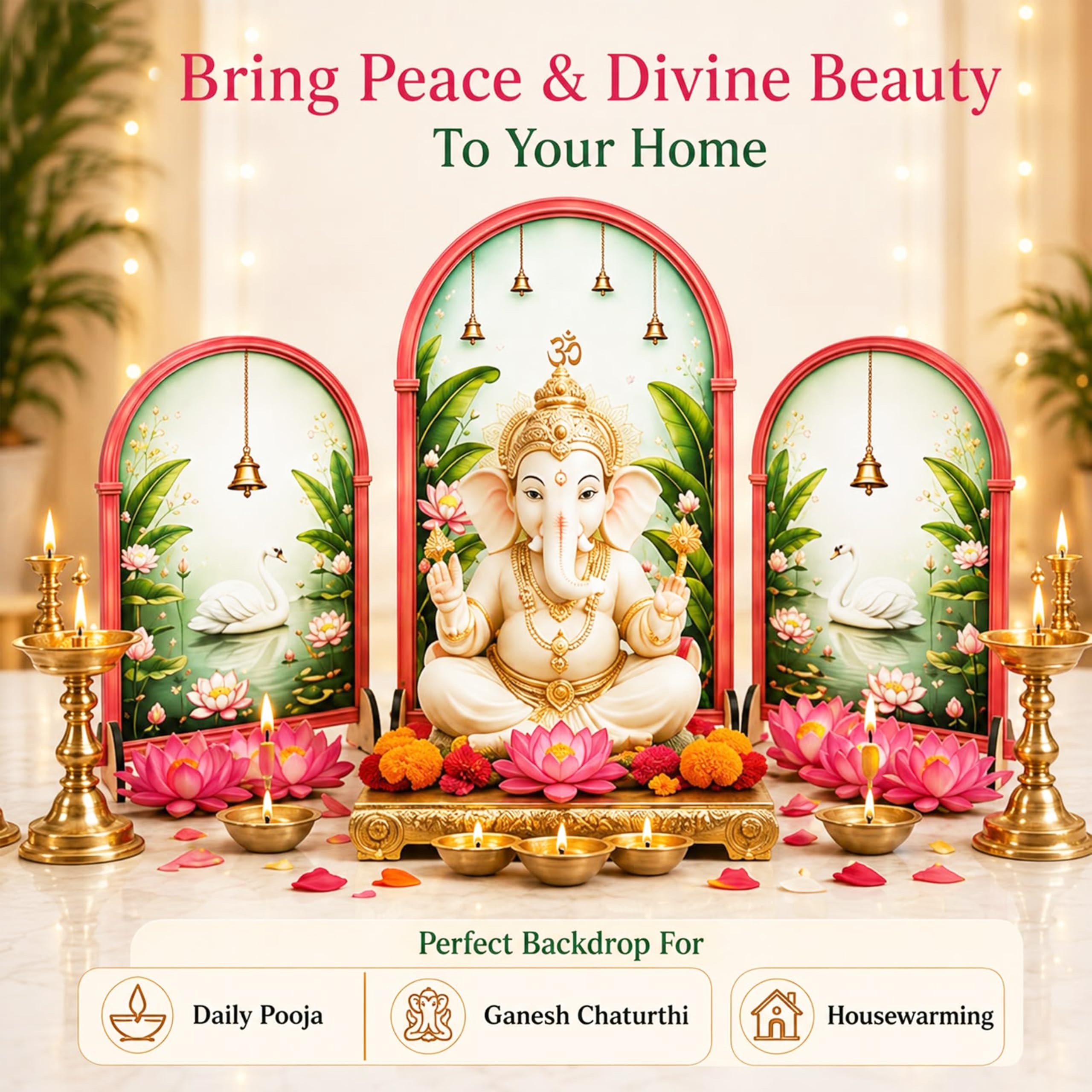 Ganpati Decoration Setup for Home, 3 Piece Freestanding Ganesh Festival Backdrop for Idol, Easy DIY Pooja Mandap Decor, Suitable for up to 12 Inches Ganpati Backdrop Stand & Home Temple