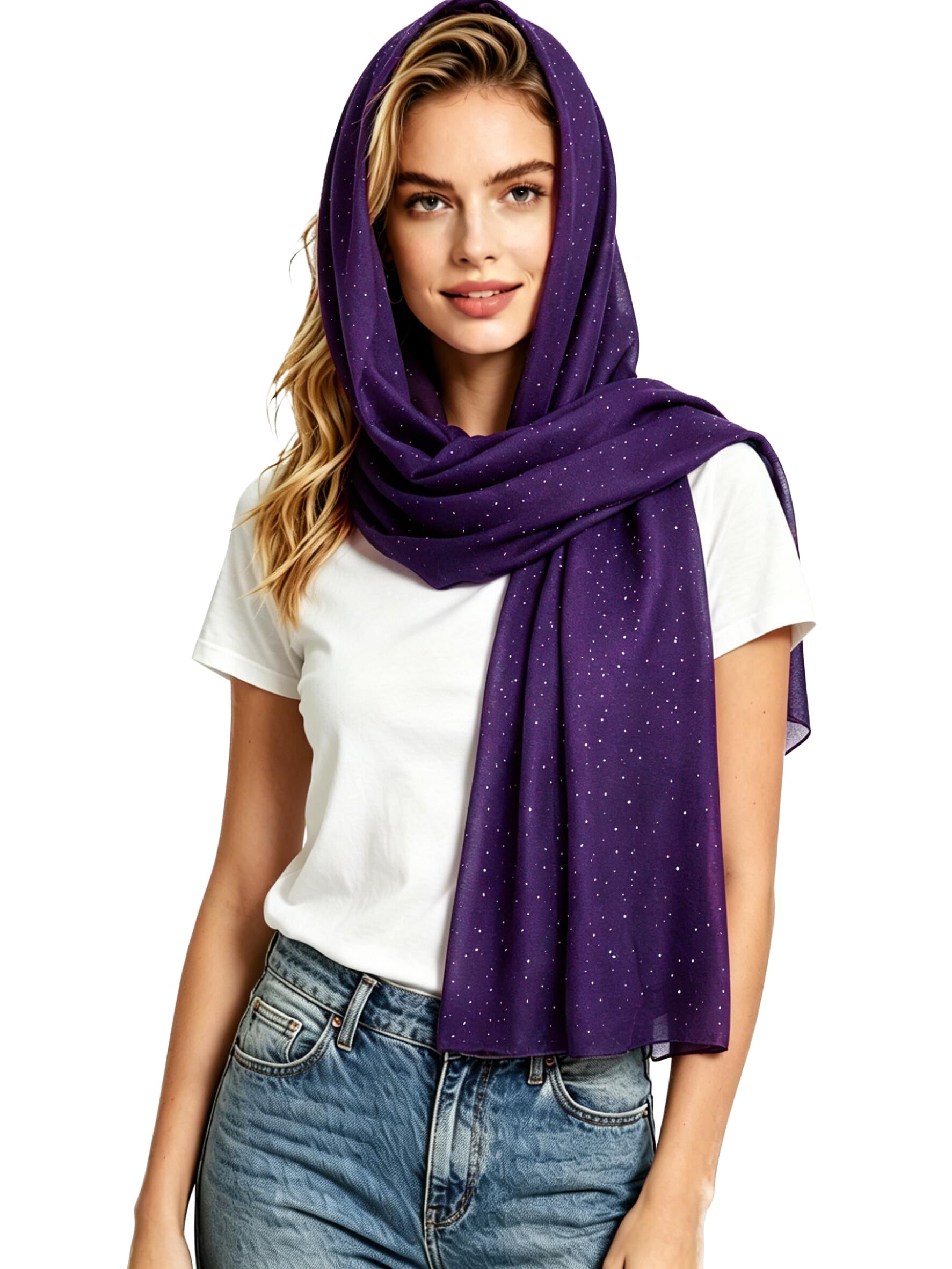 Lina & Lily Solid Shimmer Sparkle Glitters Sheer Maxi Shawl Head Scarf Hijab (#19 DARK PURPLE)
