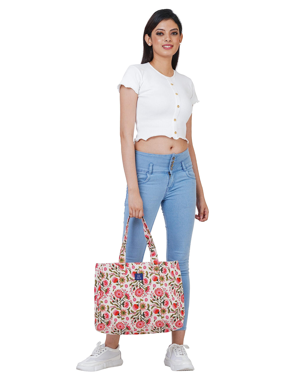 AQVA Printed Cotton Structured Canvas Tote Bag for Women | Large Capacity | Stylish Multipurpose Shoulder Bag with Zip Closure | Hand Bag for Laptop Office, Travel & Shopping (Jannat White Pink)