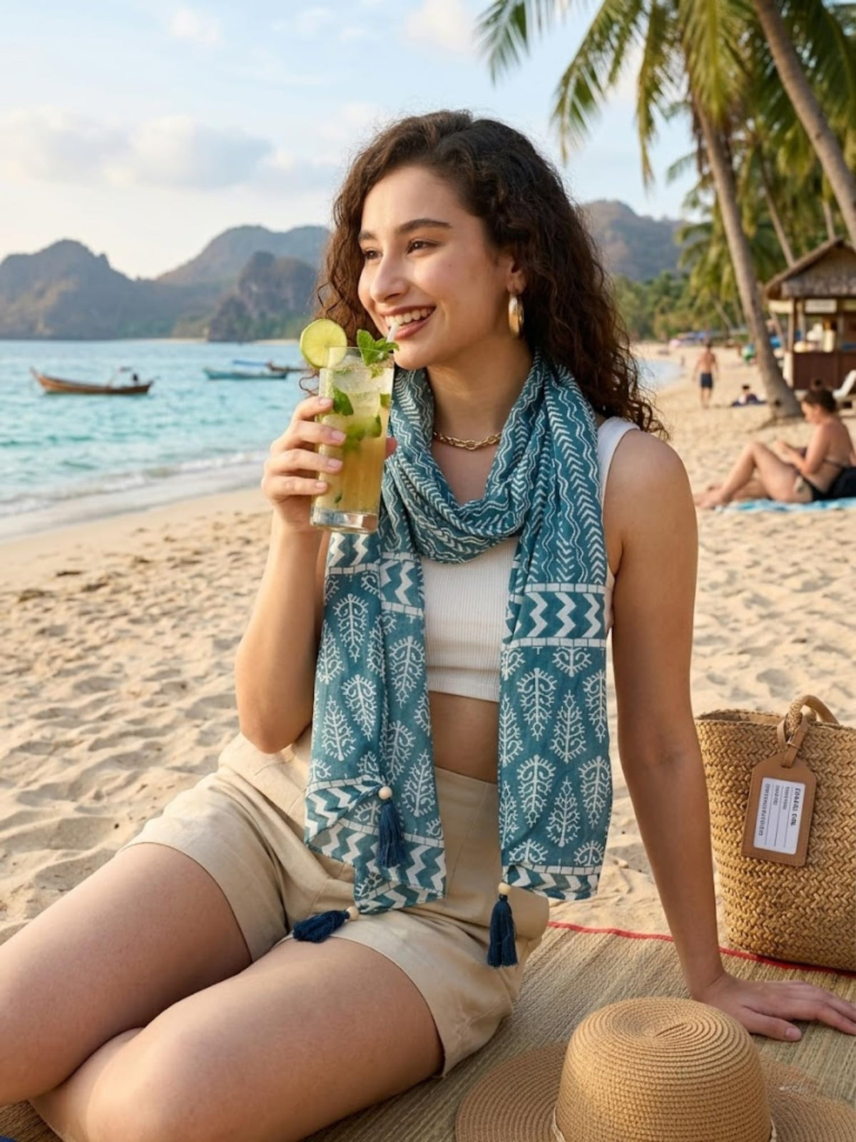 KE KANHA EXPORTS Scarf for Women Premium Cotton Boho | Dual Tone Border Print Stole with Tassels | Lightweight Summer Beach Wrap 180 x 50 cm |FREE Scrunchie Included (Aqua Blue)