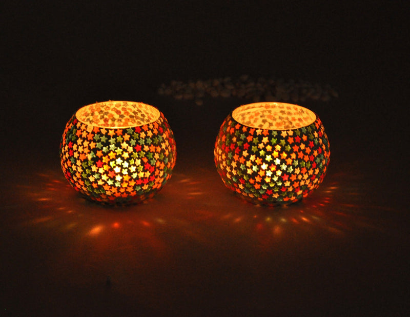 TIED RIBBONS Pack of 2 Turkish Mosaic Glass Votive Tealight Candle Holders - Decorations Items for Table Home Decor (Glass, Multi Color) - Decorations Items for Home Office