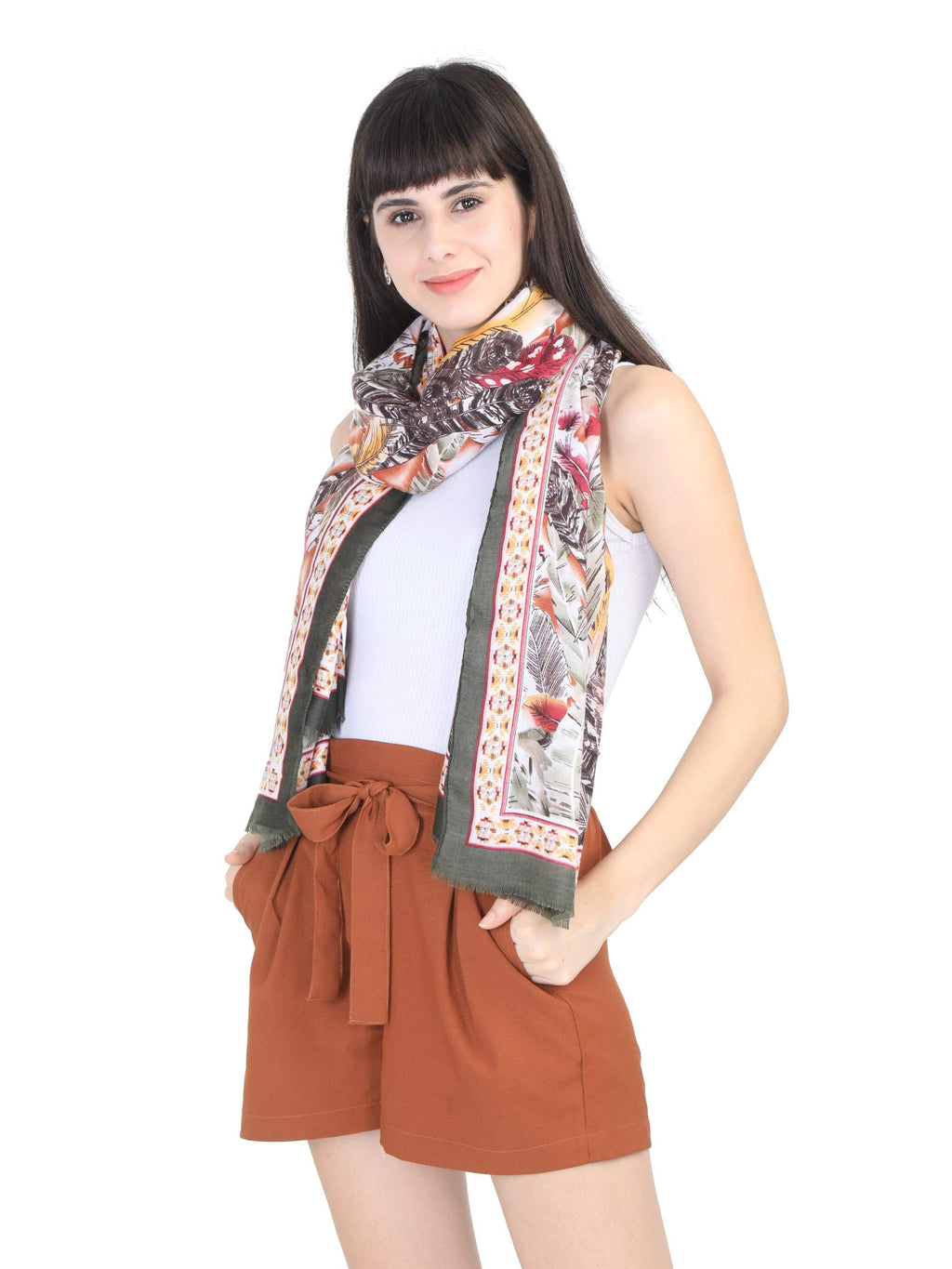 FabSeasons Women's Cotton Printed Long Scarf (Green, 95 x 190 cm)