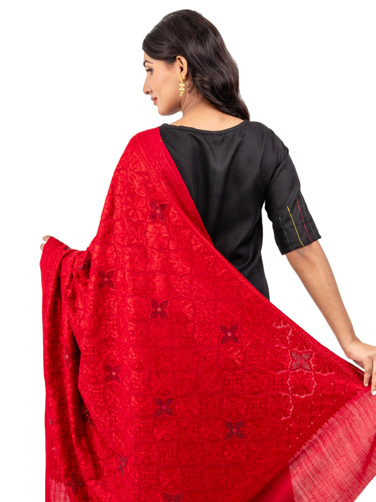 Naureen Women Pashmina Blend Shawl, Aari Embroidery with Shimmering Crystals, Warm and Soft, 40x80 inches