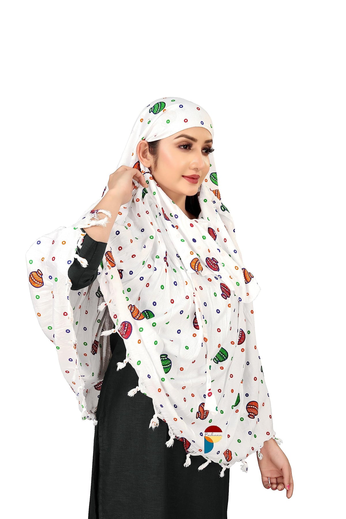 PRACHARAN Female Cotton Innovative Stylish Matka Printed Pattern Fancy Scarf With Sun Protection Cover Face Cotton Driving Scarf for Women's and Girls, White