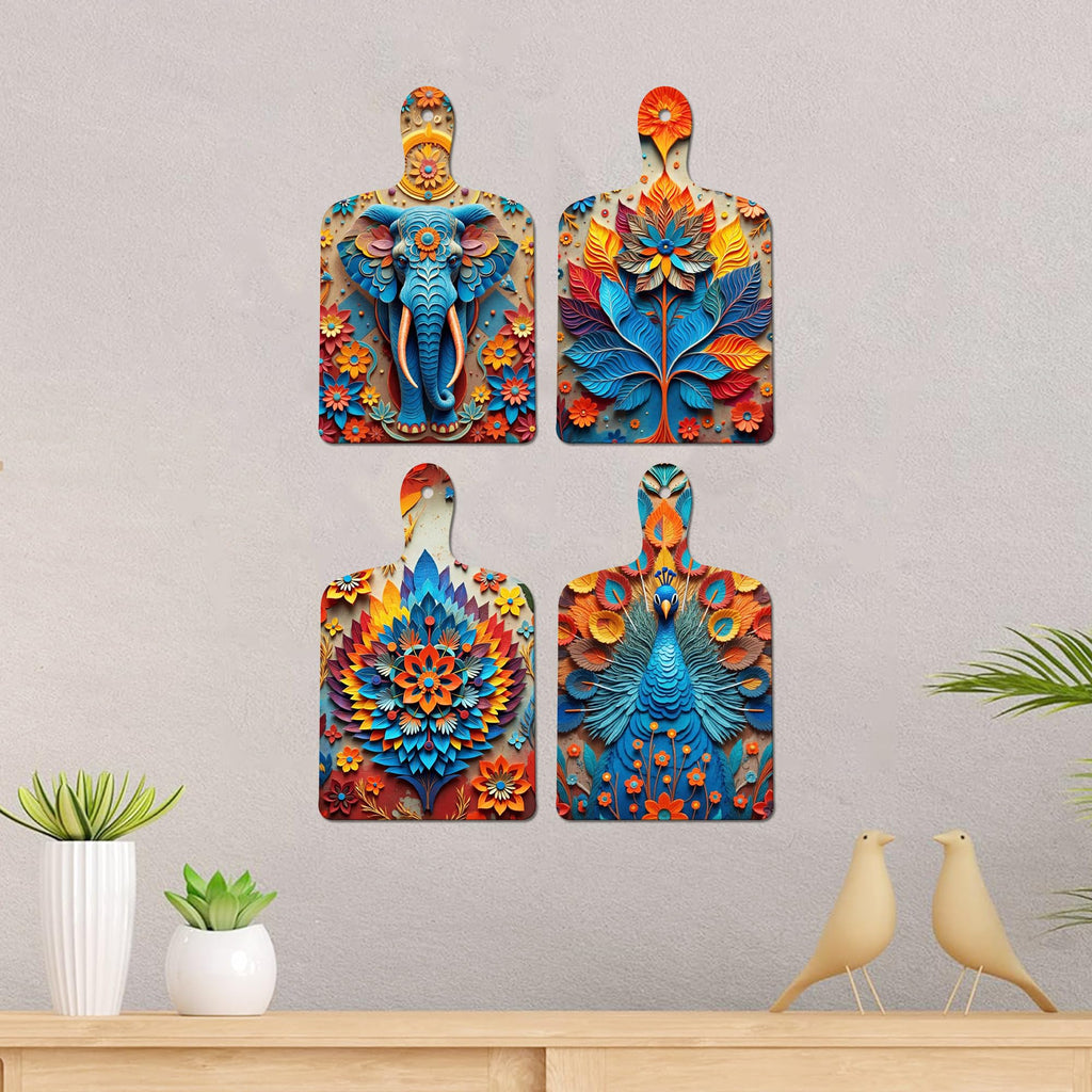 Artvibes Royal Elephant & Peacock Floral Modern Art Decorative Wall Hanging Ornaments | Wall Sculpture | Wood Decorative Items | Modern Decoration | Wall Poster | Unique Gift (WH_5643N), Set of 4