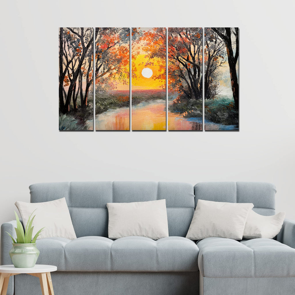 VIBECRAFTS Forest Sunset 5 Pieces Canvas Wall Painting For Home | Office | Living Room | Gift (PTVC5Pcs4_8511N)