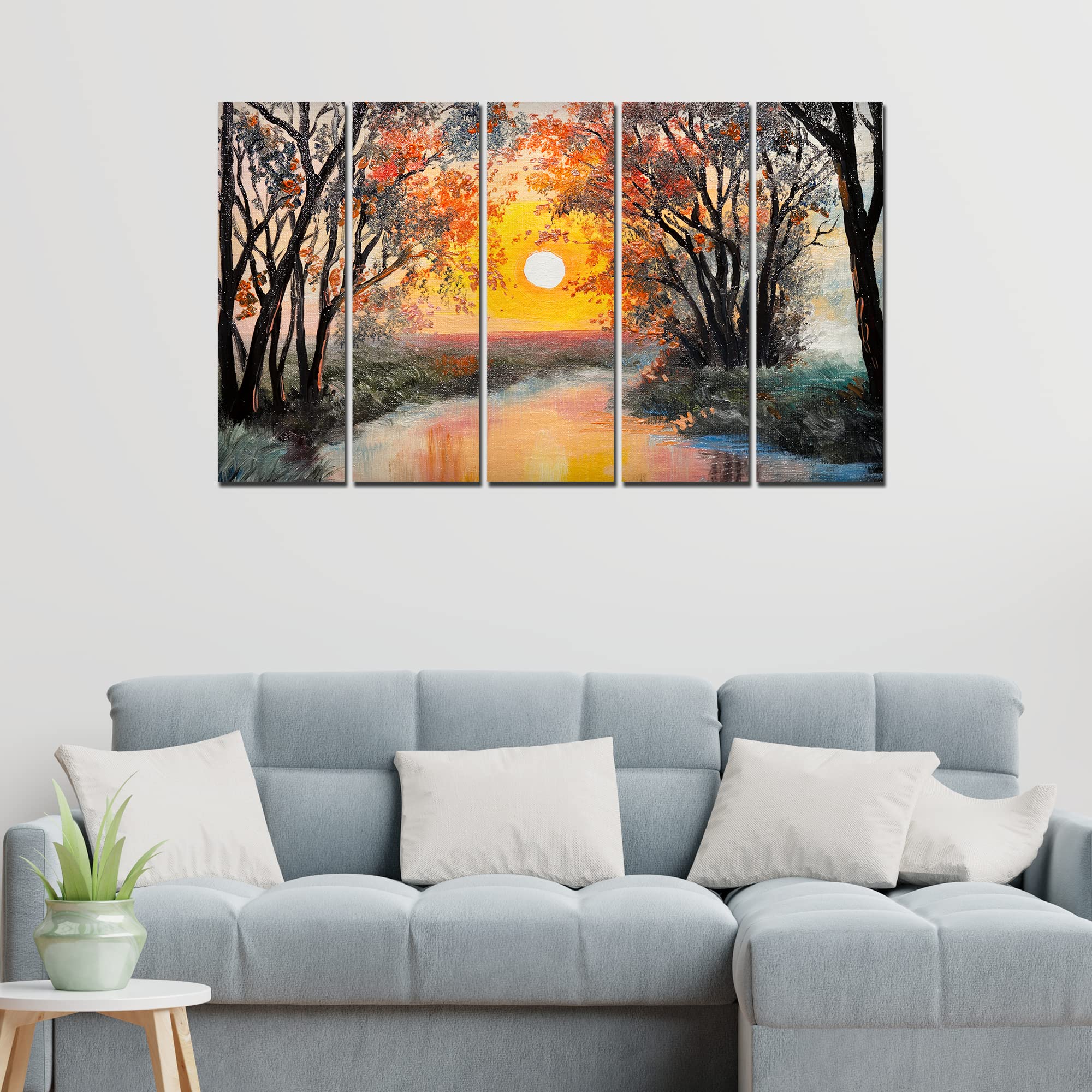 VIBECRAFTS Forest Sunset 5 Pieces Canvas Wall Painting For Home | Office | Living Room | Gift (PTVC5Pcs4_8511N)