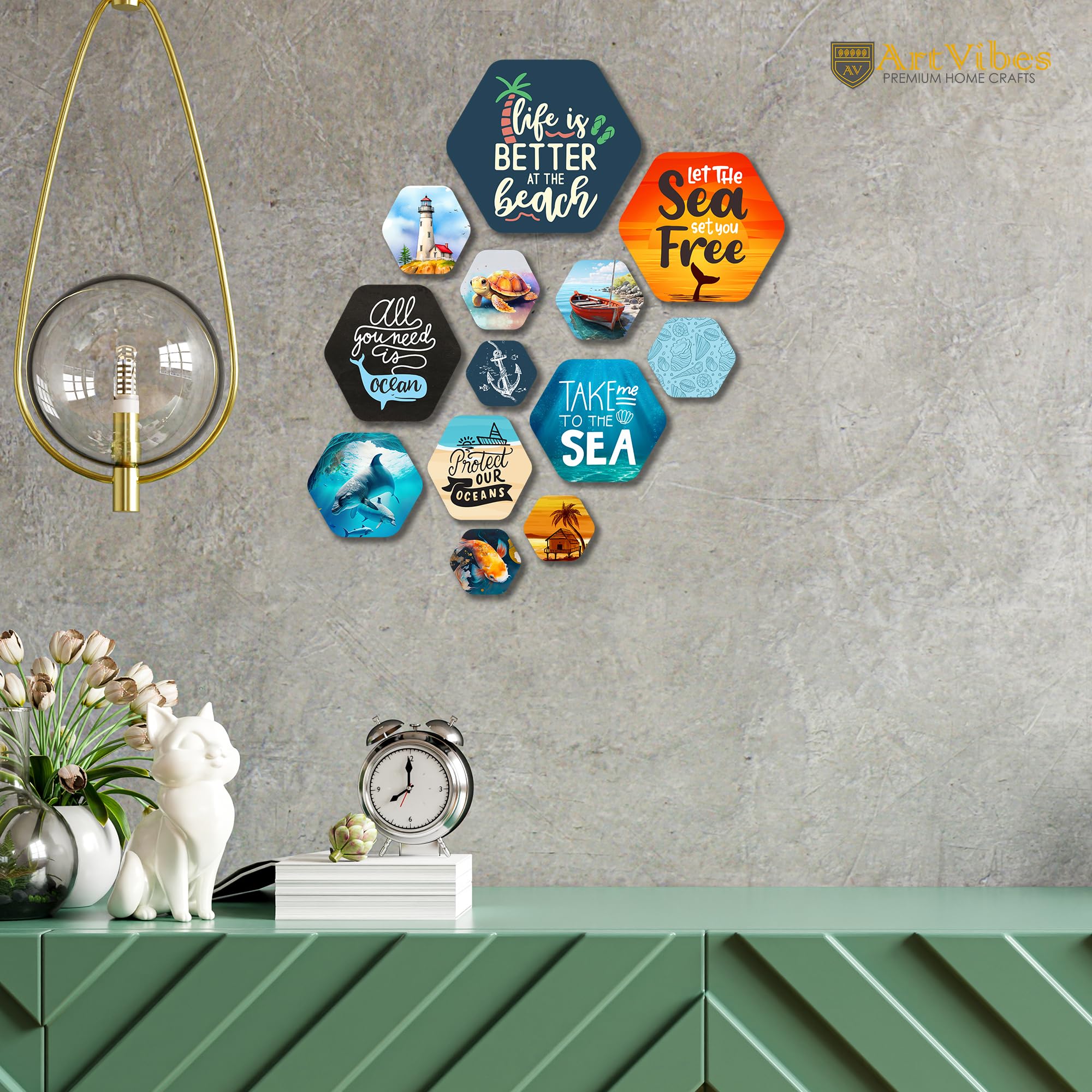 Artvibes Life is Better at the Beach Hexagon Shape MDF Wooden Wall Decor Items | Quotes Decor Item | Traveller Quotes Wall Art | Wall Illustrations | Home Decor | Unique Gift (WPS_213N), Set of 13