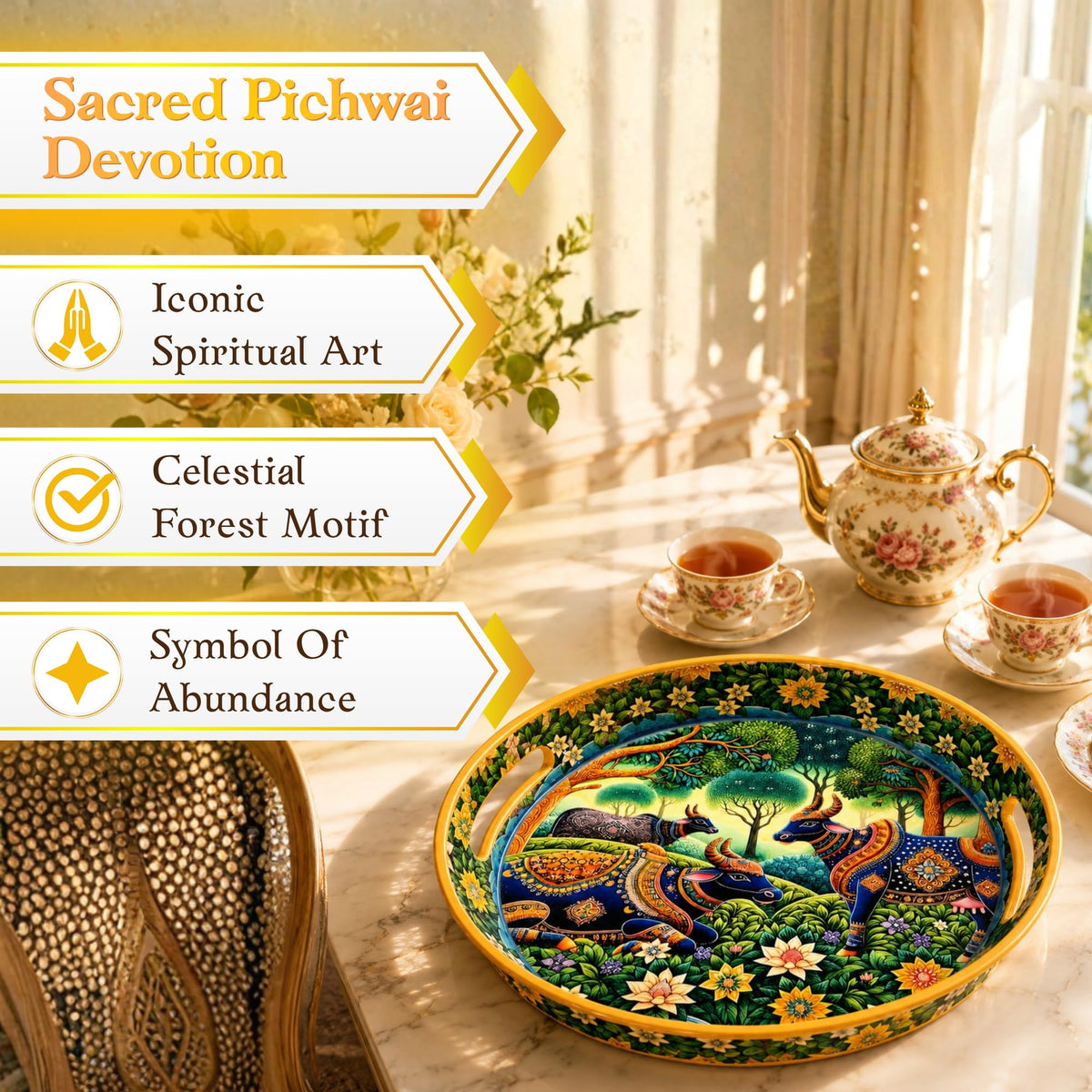 Pavitra Uphaar Pichwai Art Round Serving Tray, Solid Wood Platter with Sacred Cow Design & Celestial Forest Motif, Premium Glossy Finish Decorative Table Decor Tray for Festive Gifting (Medium)