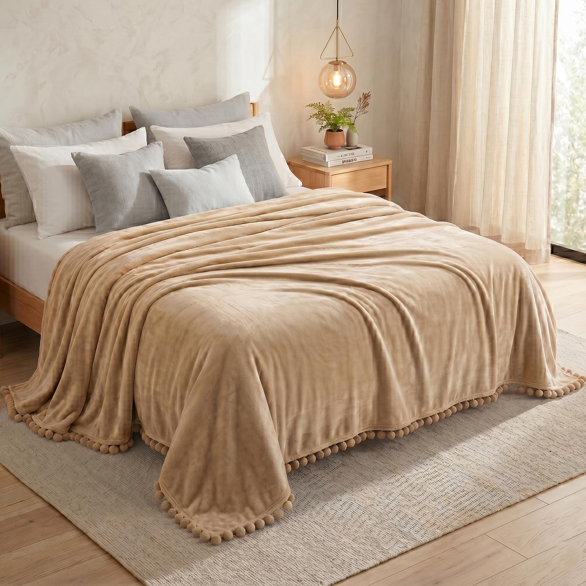 VAS COLLECTIONS Premium Plush Fleece Blanket 250 GSM | Ultra Soft Lightweight Cozy Throw with Pom-Pom Trim | Multipurpose for Bed, Sofa, Couch, Travel & Camping | 228x228 cm (90x90 Inches), Beige Kafalo