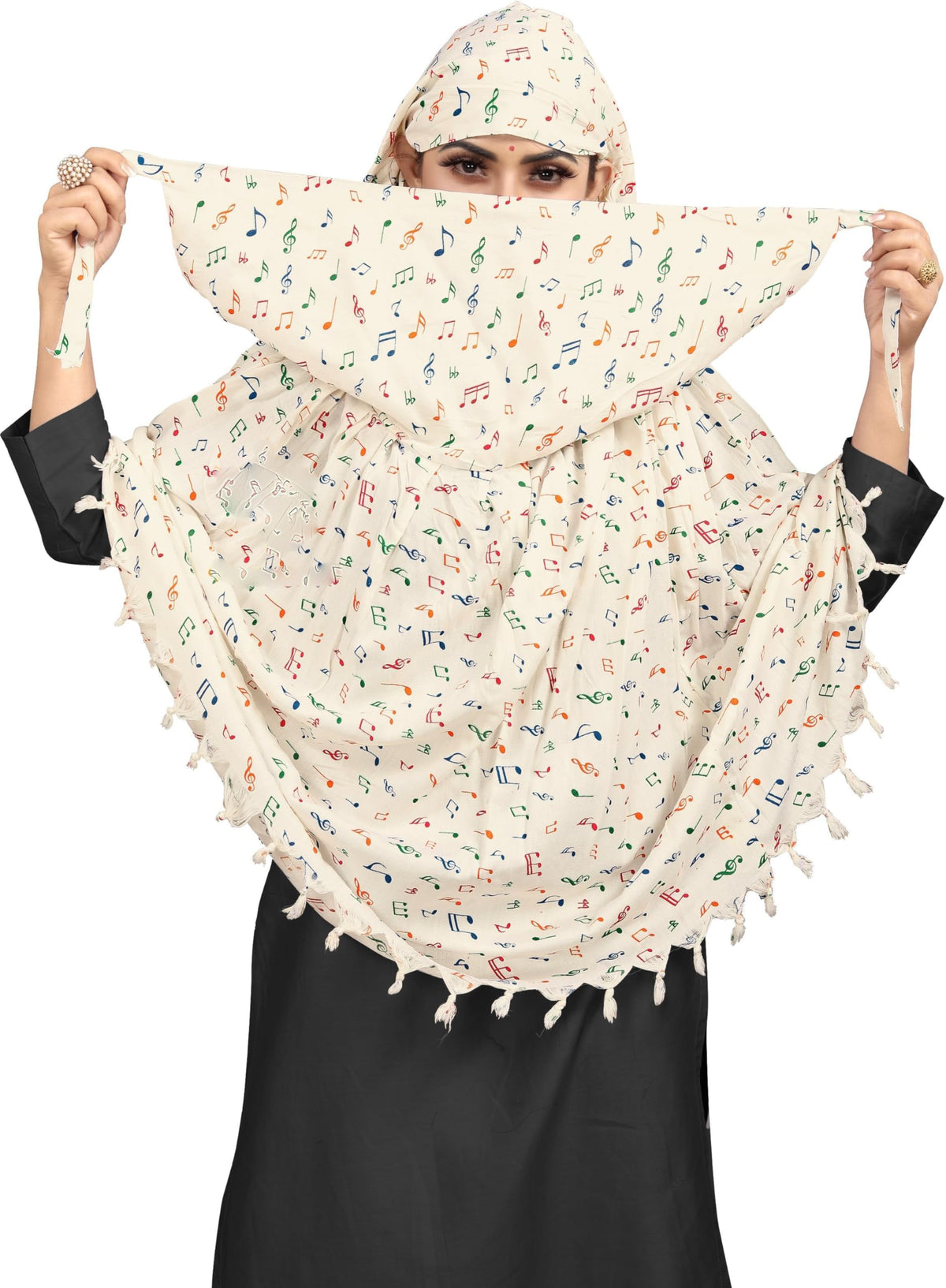 Sclout Soft Cotton Breathable Sun Protection Scarf Dupatta Usable for vehicle Driver | White Printed Design Stoles | Universal Size | For Girl & Women | Light Weight (Scarf - Music)
