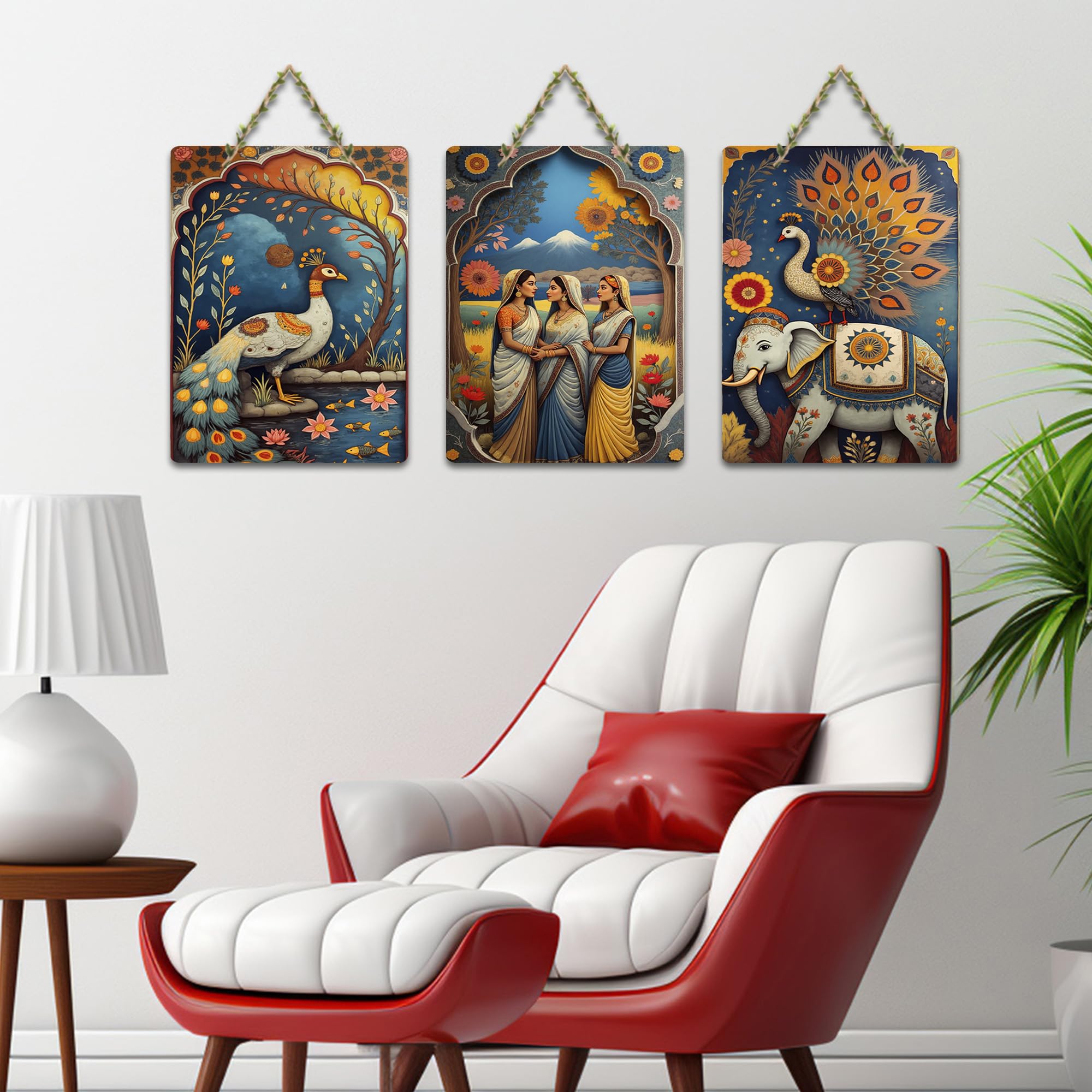 Artvibes Traditional Indian Nature Wall Art Hanging Wooden Art Decoration Item for Home | Office | Cafe | Graphic Artwork | Wall Art Print | Sceneries | Unique Gift Items (WH_96108N), Set of 3