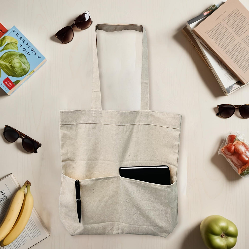 PRINT GALLI 100% Organic Cotton Canvas Tote Bag with Dual Front Pockets | Eco-Friendly, Off-White & Spacious Design | Ideal for Shopping, Travel, and Daily Use | Holds Up to 15 Kg