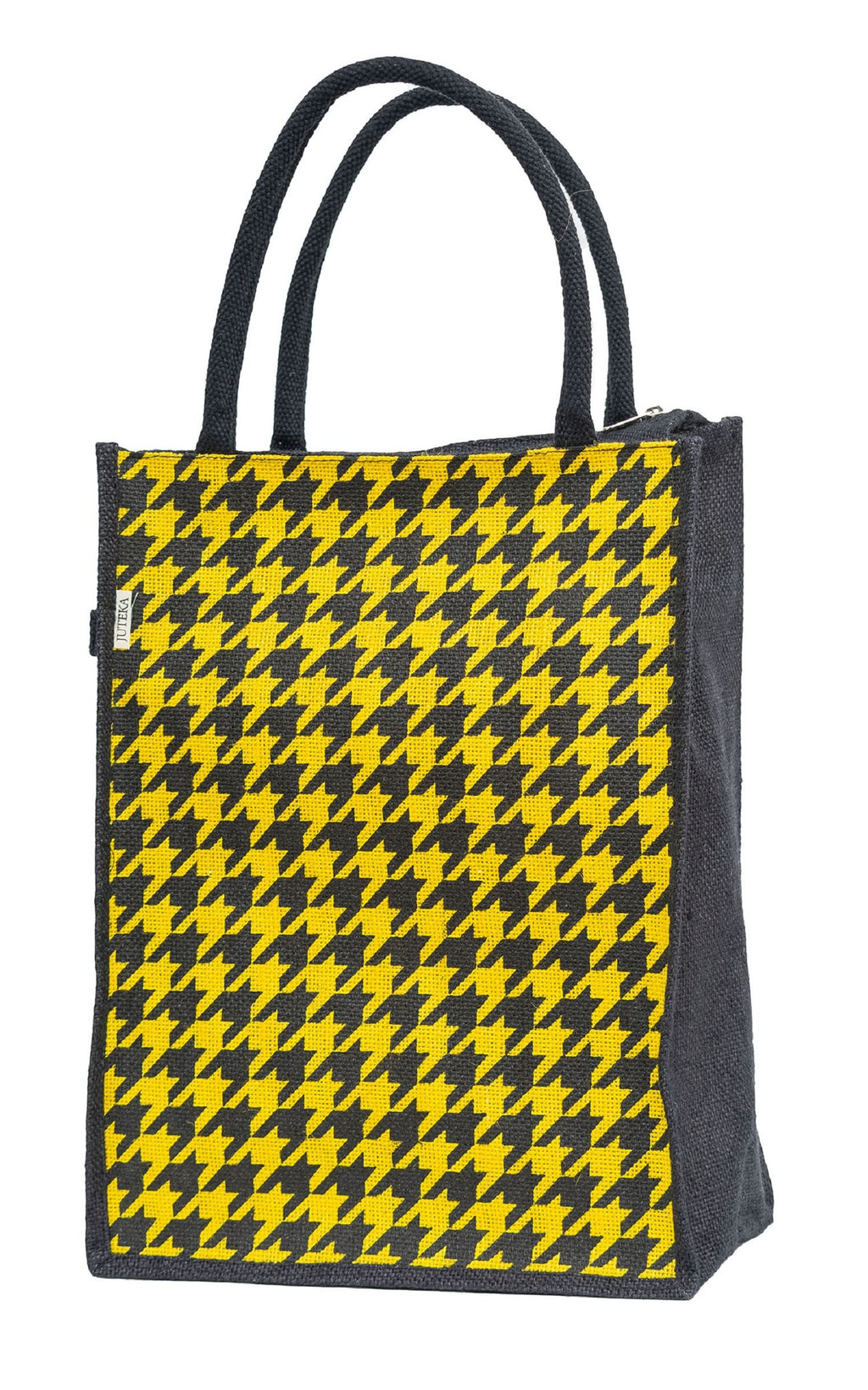 JUTEKA Yellow Houndstooth Printed Jute Lunch Bag - Grocery, Tote, Hand, Picnic Bag for Men, Women, Girls, Kids with Zip