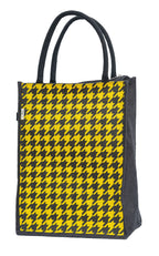 JUTEKA Yellow Houndstooth Printed Jute Lunch Bag - Grocery, Tote, Hand, Picnic Bag for Men, Women, Girls, Kids with Zip
