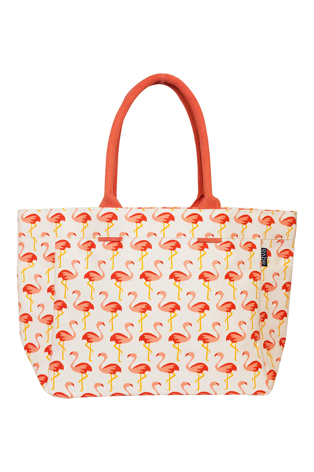 AQVA Handmade Eco Friendly Printed Cotton Canvas Tote Bag for Women & Men - Water Resistant - Reusable Shoulder Bag with Full Top Zip, Inner Pocket, Flamingos,Orange