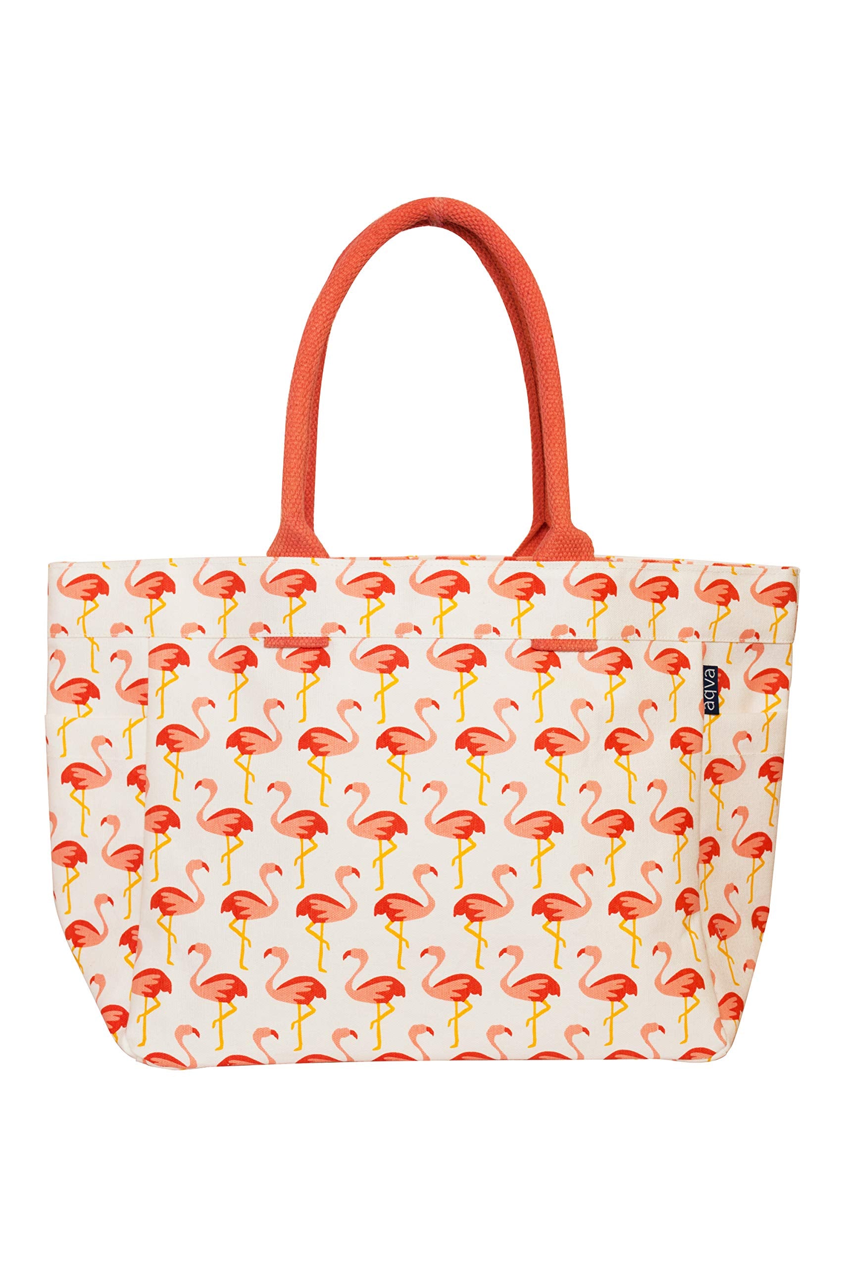 AQVA Handmade Eco Friendly Printed Cotton Canvas Tote Bag for Women & Men - Water Resistant - Reusable Shoulder Bag with Full Top Zip, Inner Pocket, Flamingos,Orange