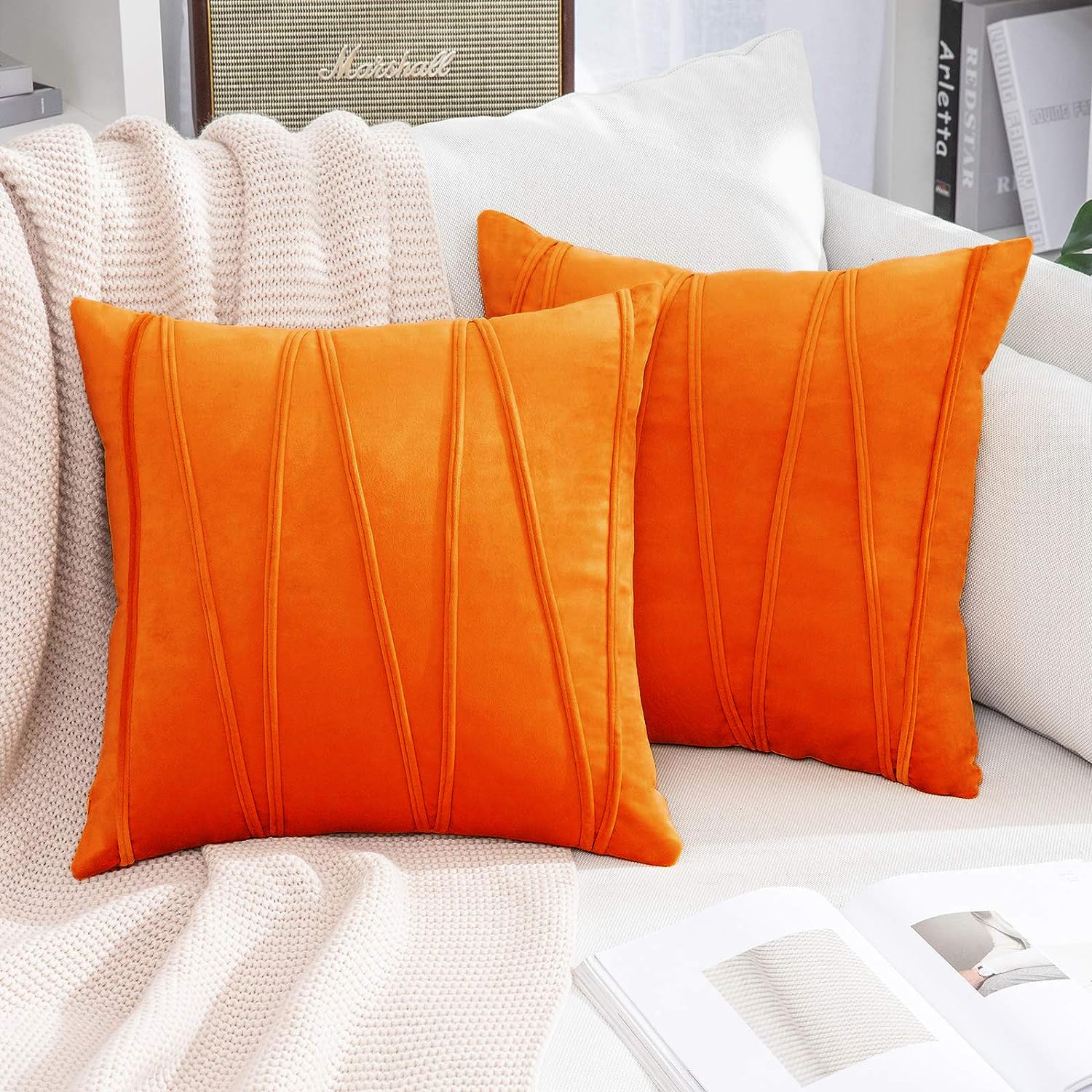Khooti Velvet Striped Cushion Cover Pack of 1-30 x 30 / 76 x 76 cm | Orange | Soft Pillow Covers Cushion Case for Sofa Bedroom Livingroom Chair Car, Cushion Cover with Zig Zag Pattern