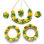 ZENEME Handmade Yellow & Light Green Floral Jewellery Set for Women & Girls | Handcrafted Flower with Pearls Necklace Set with Earrings, Maang Tikka & Pair of Hathphool Bangle | Mehendi, Haldi, Wedding & Bridal Jewallery`