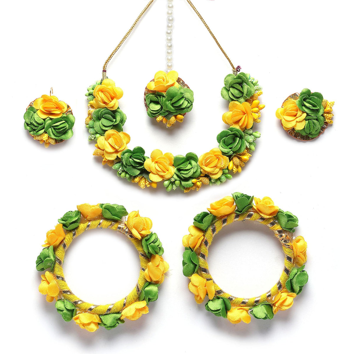 ZENEME Handmade Yellow & Light Green Floral Jewellery Set for Women & Girls | Handcrafted Flower with Pearls Necklace Set with Earrings, Maang Tikka & Pair of Hathphool Bangle | Mehendi, Haldi, Wedding & Bridal Jewallery`