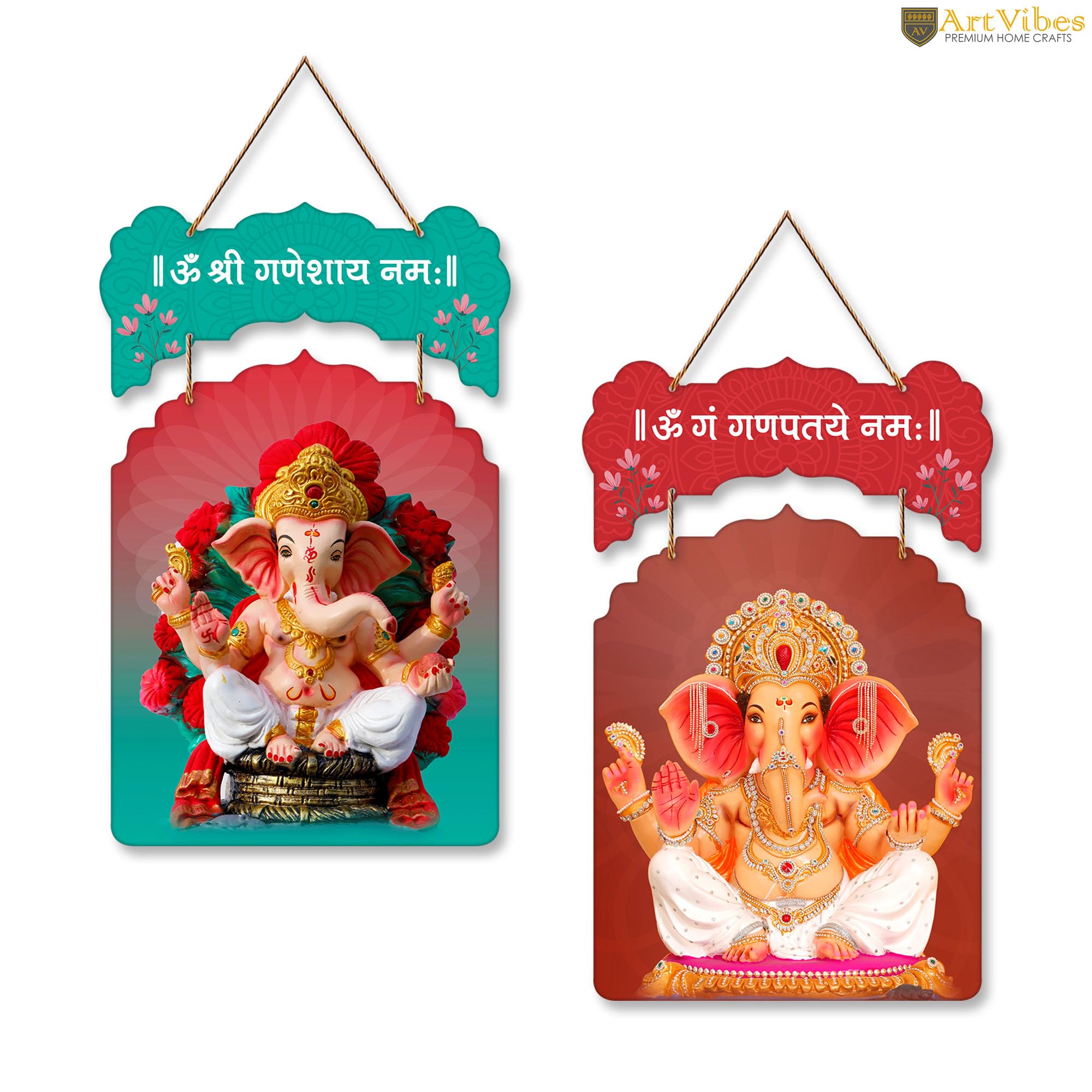 Artvibes Ganesh Namaskar Mantra Printed MDF Wooden Wall Hanging For Home | Spiritual Decor Items | Handcrafted Art | Wall Illustrations| Stylish Modern Decor Item | Gift Items (WH_9201N), Set of 2