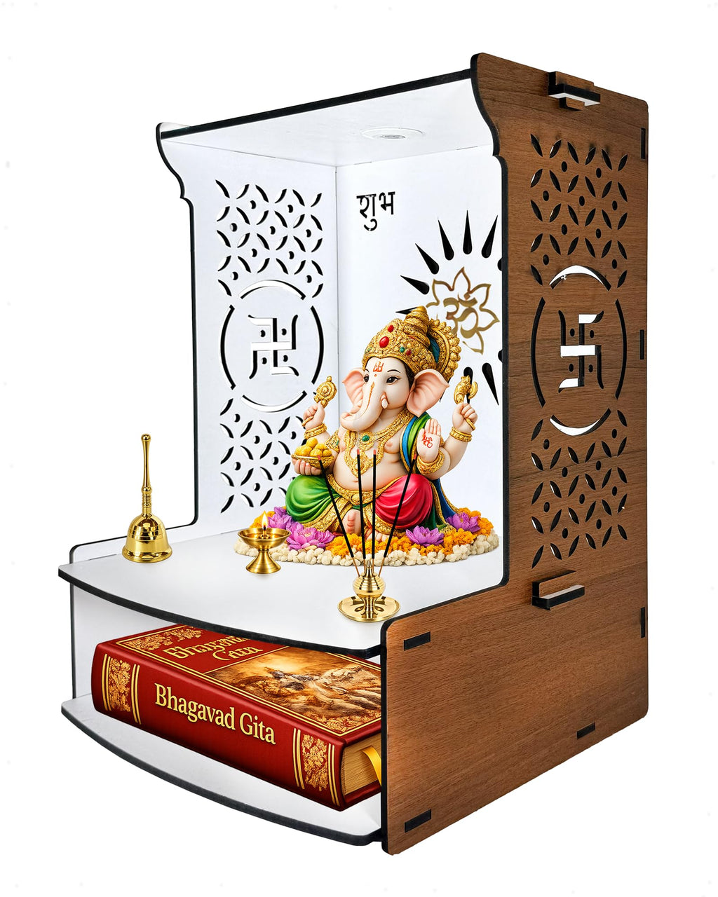 DEXORO Wooden Temple for Home Wall Mounted | Dual Tone Brown & White Mandir with LED Light | Small Pooja Mandir for Home, Office & Decoration