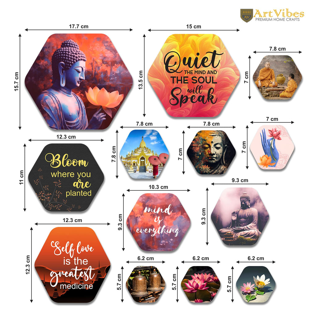Artvibes Quiet The Mind And The Soul Will Speak Hexagon Shape MDF Wooden Wall Decor Items | Art For Wall | Wall Sculpture | Signs & Plaques | Aesthetic Wooden Decor | Gift Items (WPS_203N), Set of 13