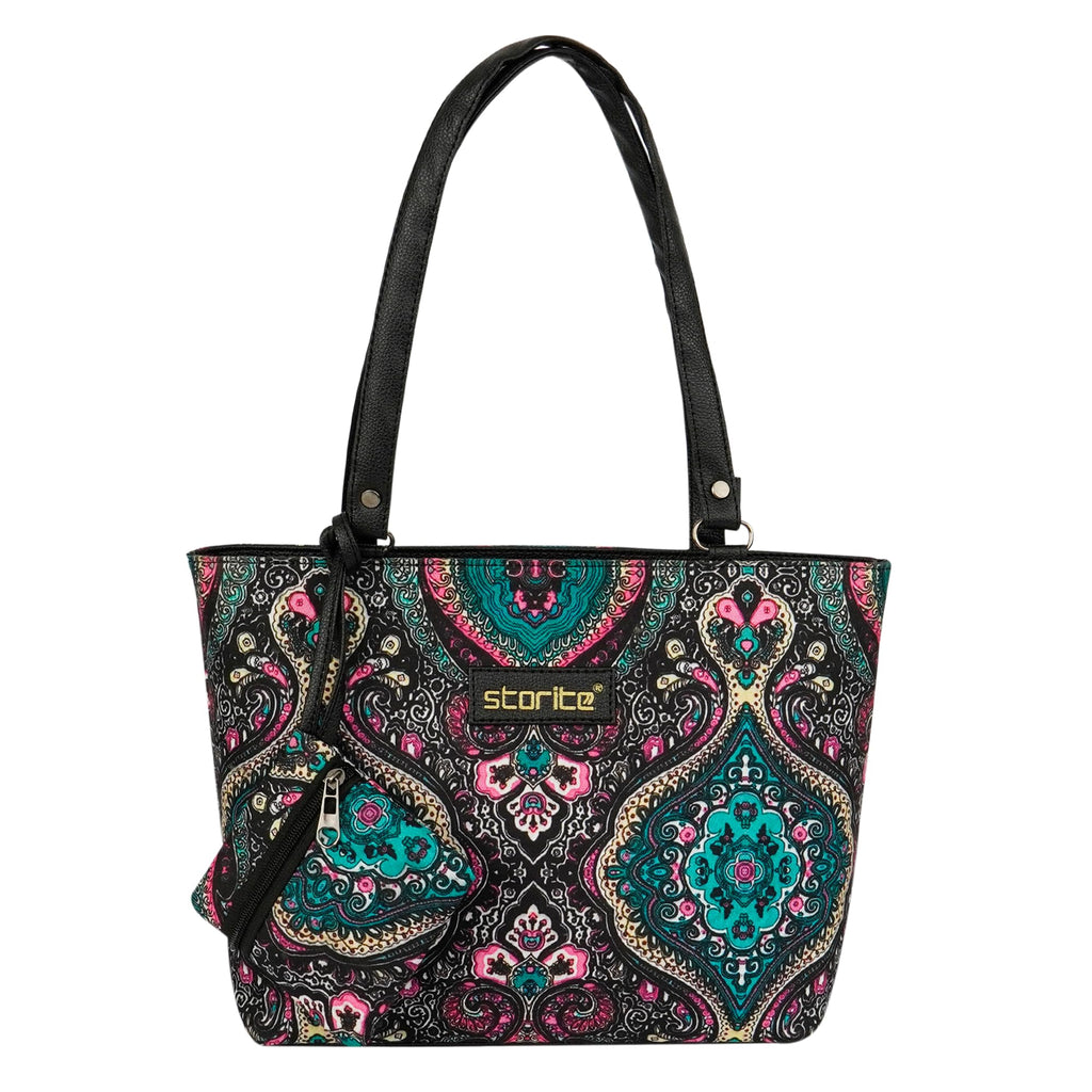 Storite Women's Tote Bag With Leather Handles & Embroidery Printed Handbag With Zip Pockets, Shoulder Tote Bag And Handbag For Office And College (25x24x9Cm)