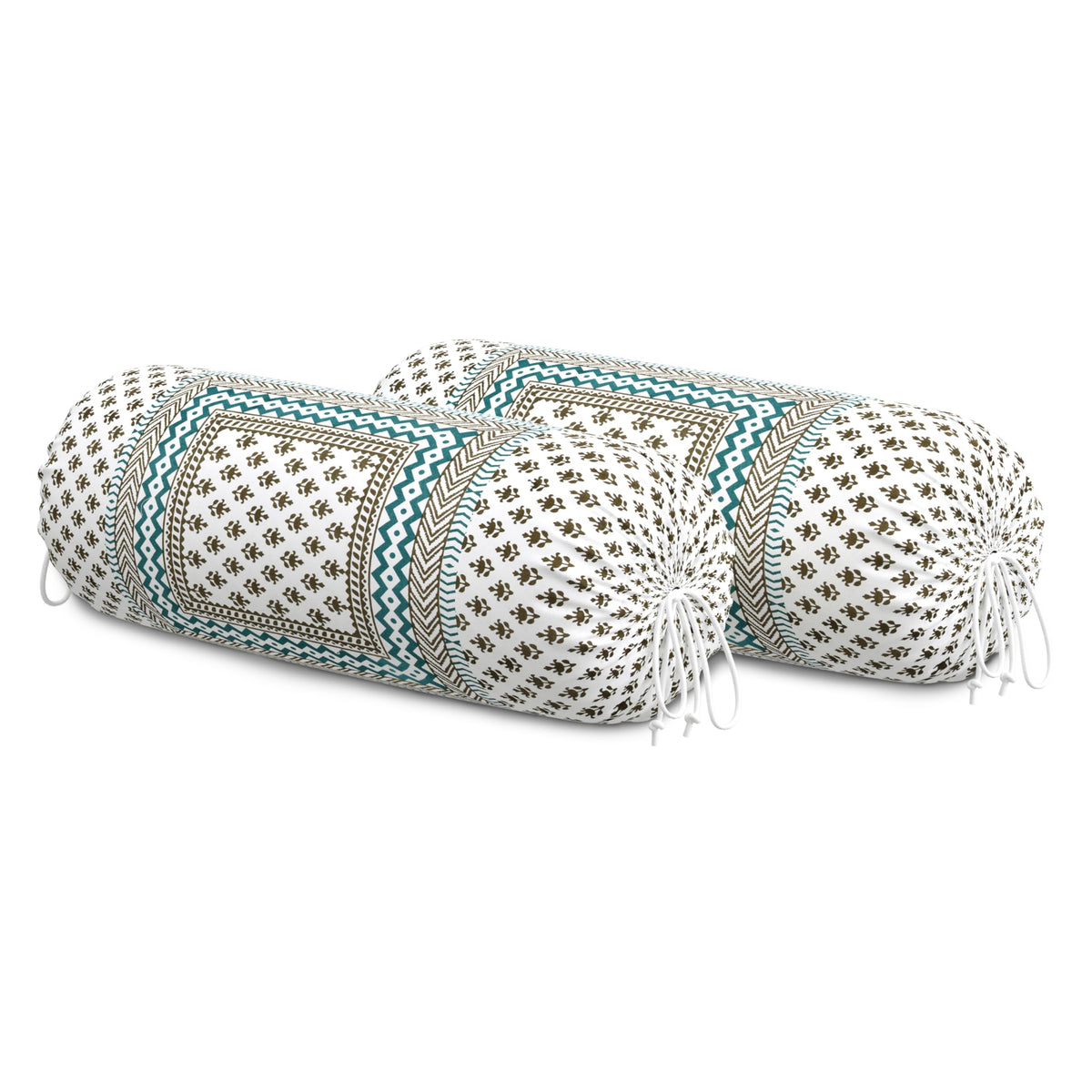 BLOCKS OF INDIA Cotton Hand Block Printed Bolster Cover | Booster Cover with Drawstring | Round Long Pillow Cover for Bed | Dewan Pillow Cover Set 16 X 32 | Set of 2 (Green BUTI)