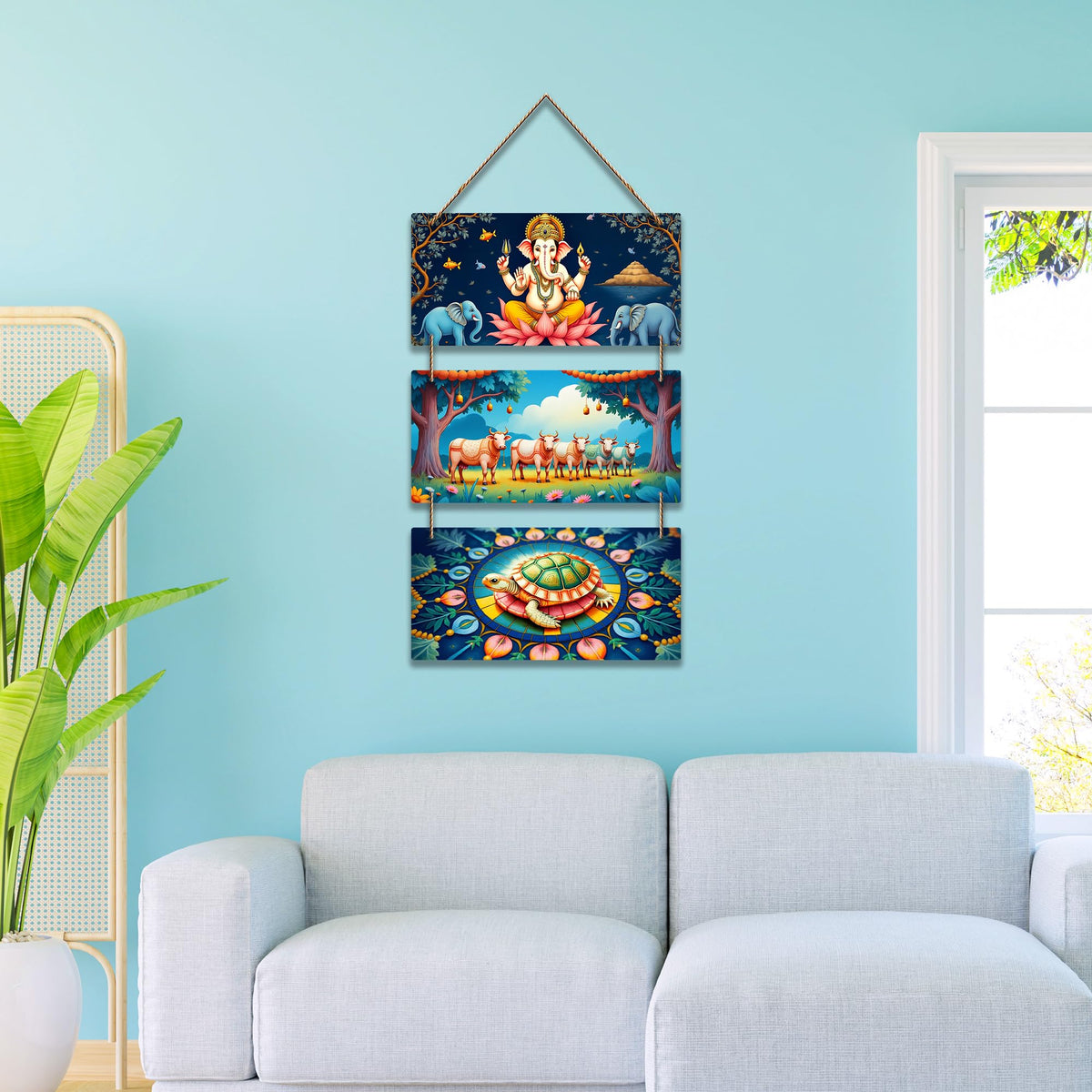 Artvibes Ganesha with Elephants & Turtle Mandala Art Auspicious Wooden Art Work Wall Hanging For Properity | Spiritual Decor Items | Wall Poster| Stylish Modern Decor Item | Gift Items (WH_9446N)