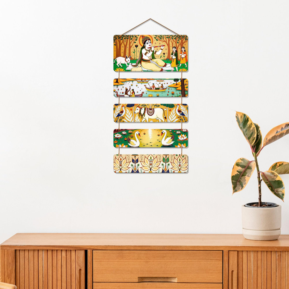 Artvibes Shri Krishna & Village Scene Folk Art Wall And Door Hanging for Home | Spiritual Decor Items | Graphic Art | Wall Illustrations | Artwork| Stylish Modern Decor Item | Gift Items (WH_6732N)