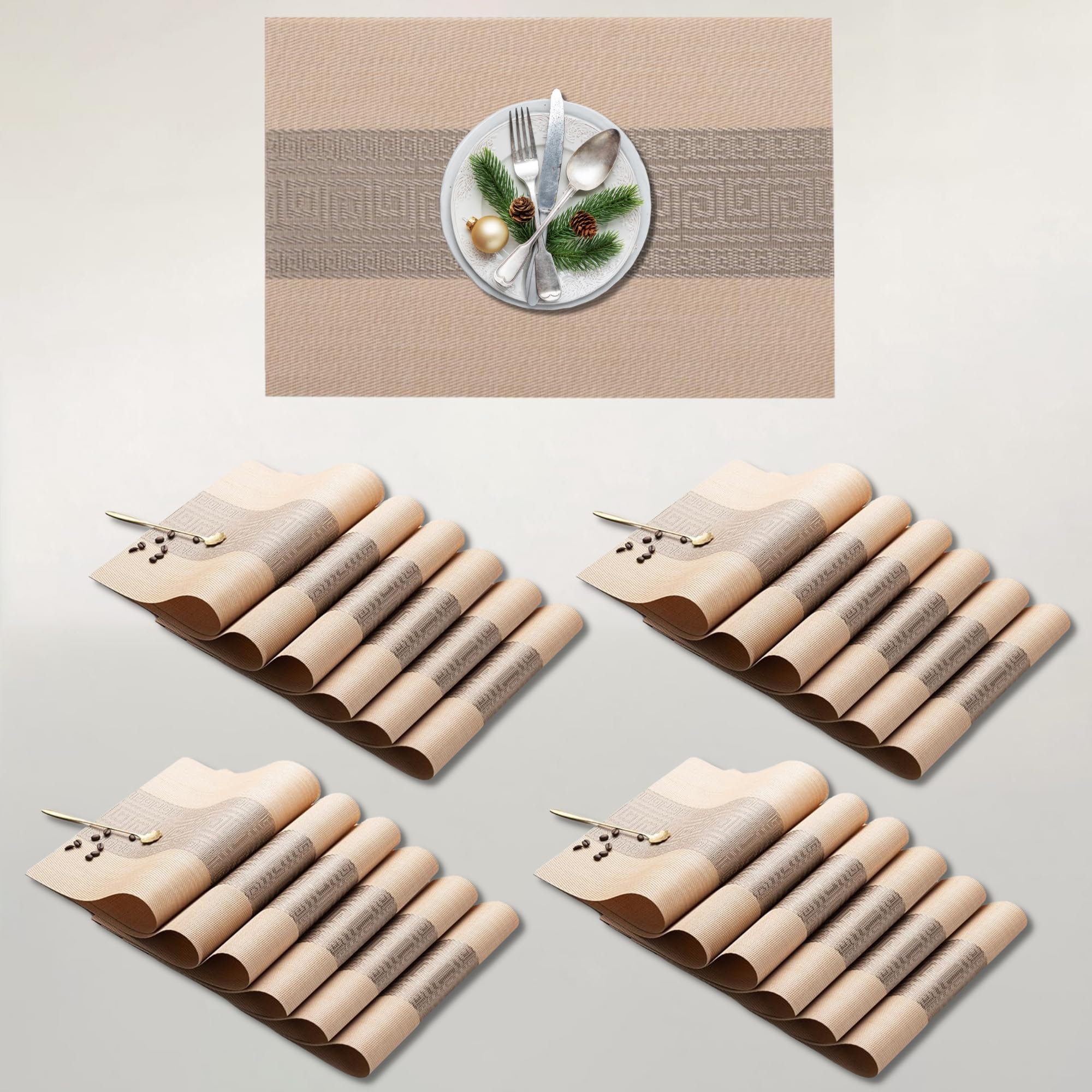 Lellow Woven Vinyl Stylish Washable Dining Table Placemats - (Almond Beige, Pack of 24) Kafalo