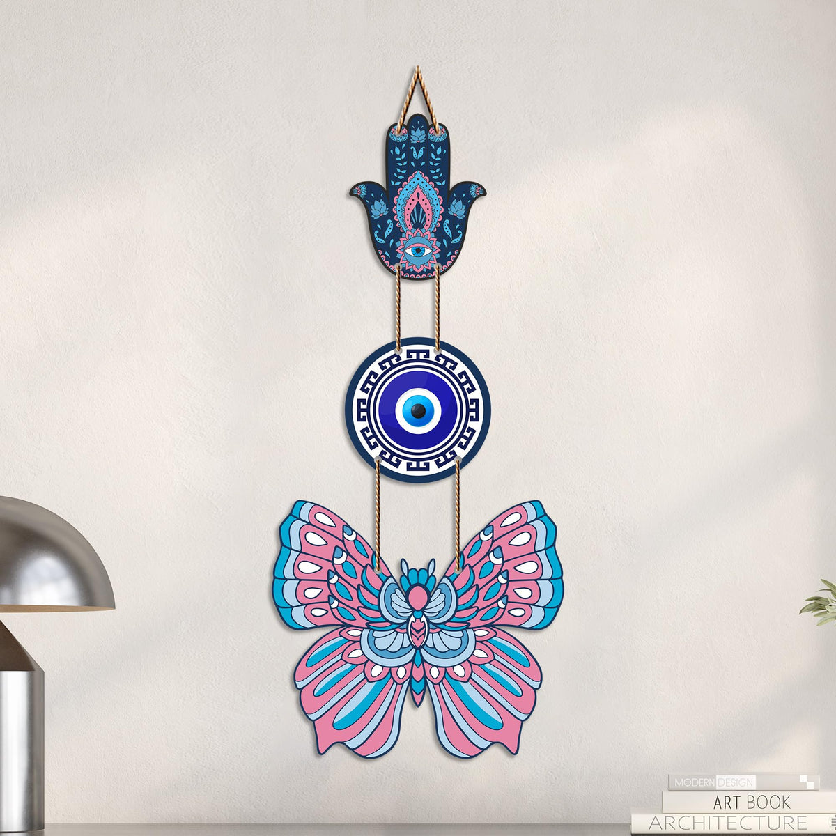 Artvibes Hamsa Hand Butterfly Evil Eye Wall Hanging for Home Entrance | Protective MDF Wall Decor | Decorative Art for Living Room | Bedroom | Office & Main Door | Gift Item (WH_8583N)