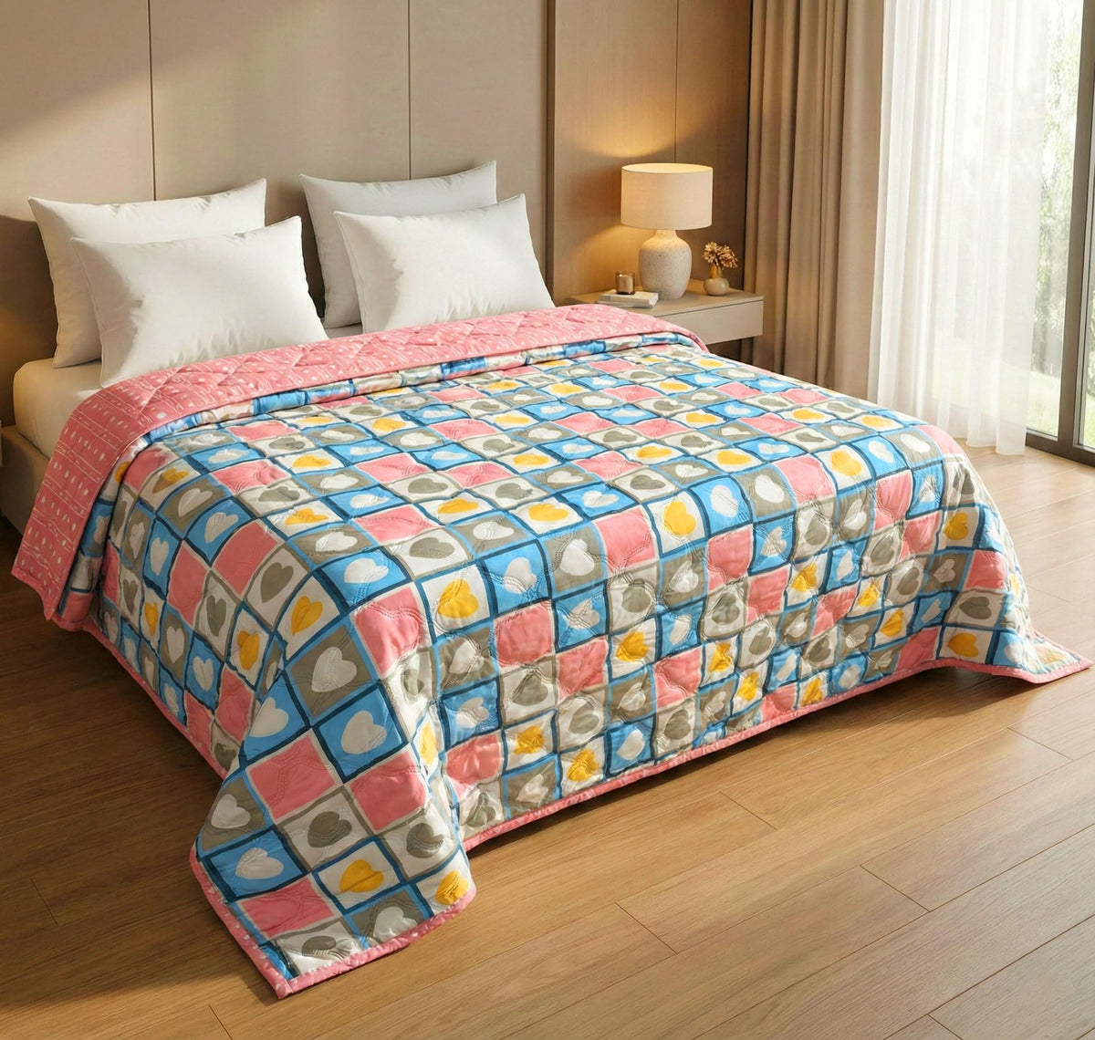 A Brand New - Umi Ultrasonic 280tc All Season Super Soft King Size Luxury bedcover/Rajaai Quilted Bedspread Ac Blanket/Comforter for Double Bed Durable and Lightweight 220 x 230 Cm, Pink & Aqua Kafalo