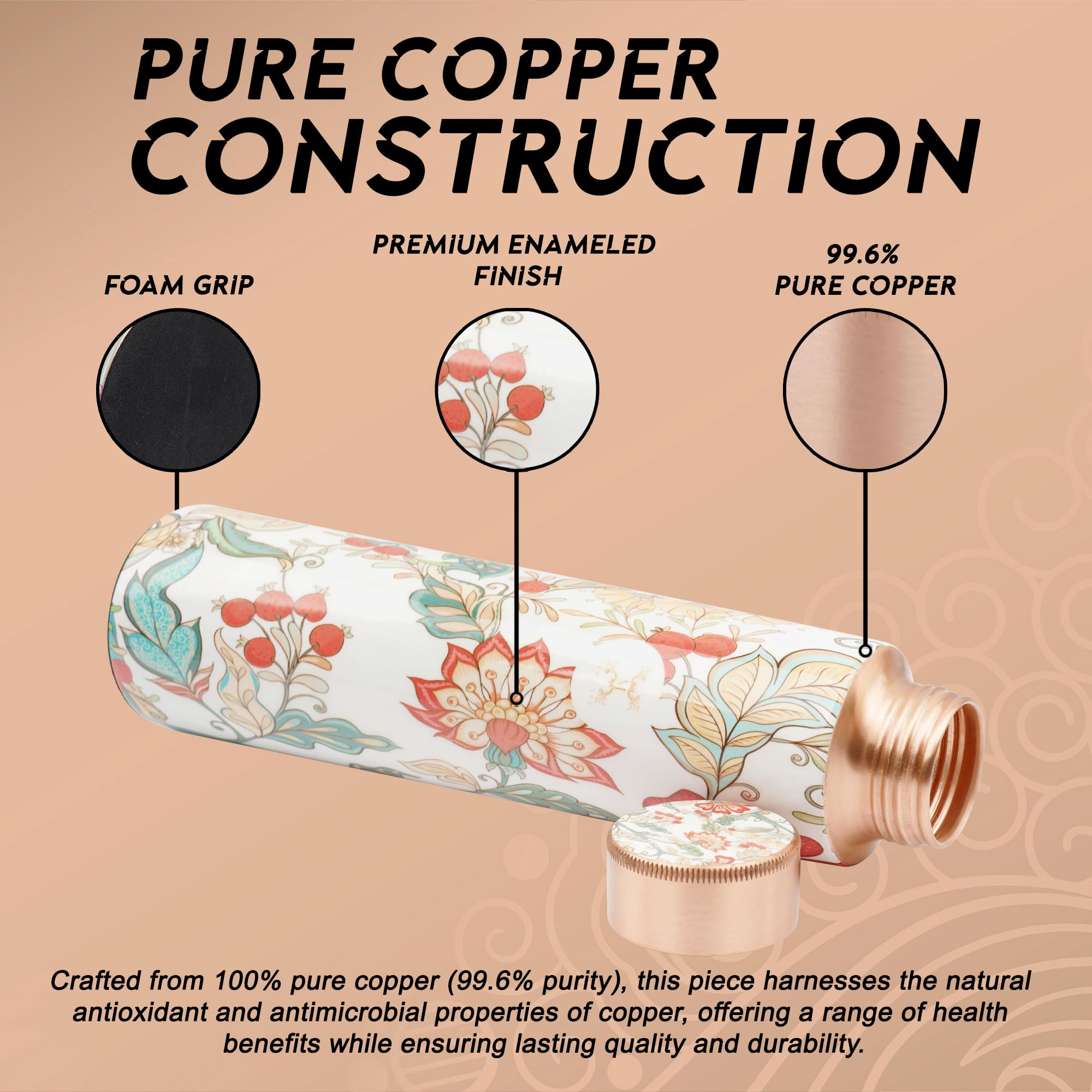 MERCAPE® - Flower Print Pure Copper Water Bottle with 2 Glass | Leak Proof, Durable & Rust Proof | Non-Toxic & BPA Free Steel Bottles | Printed Tamba Bottle (900 ml - 2x 300 ml)