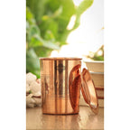 INDIAN ART VILLA Pure Copper Half Embossed Design Glass Tumbler Cup with Lid, Drinking Serving Water, Yoga Ayurveda, Volume-300 ML, Set of 6
