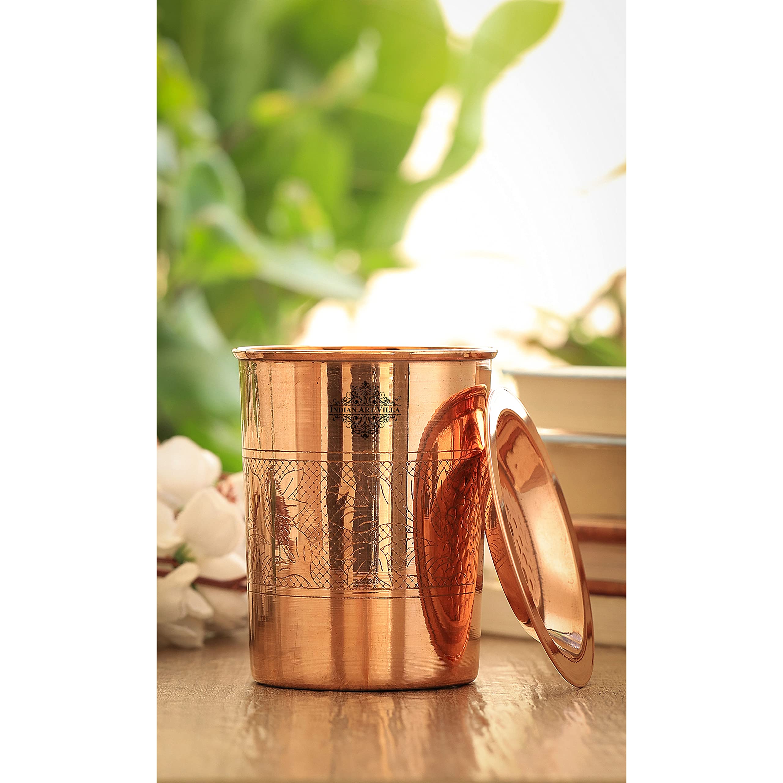 INDIAN ART VILLA Pure Copper Half Embossed Design Glass Tumbler Cup with Lid, Drinking Serving Water, Yoga Ayurveda, Volume-300 ML, Set of 2